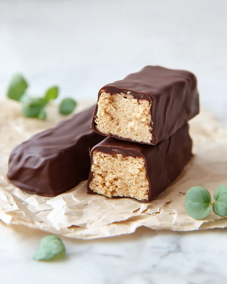 The image shows three rectangular chocolate-covered bars on crumpled parchment paper, placed on a white marbled surface. Two bars are stacked on the right side, with the top one showing an open side revealing a light tan, crumbly textured inside with a dense look, while the bottom one is fully covered in smooth dark chocolate. The third bar is laid flat on the left and also shows its open side with the same crumbly interior. A few small green leaves lie around the bars, adding a fresh touch, and the background is bright with a soft white gradient. photo taken with an iphone --ar 4:5 --v 7