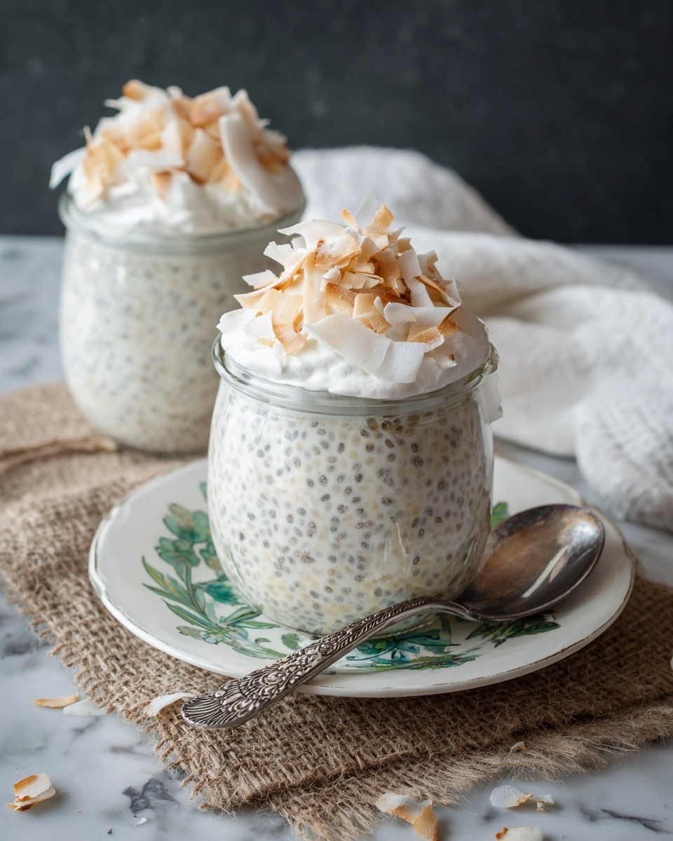 Two small glass jars filled with creamy white chia pudding with visible chia seeds and oats. Each jar is topped with a thick layer of whipped cream and toasted coconut flakes, which are light brown and white, scattered both on top and around the jars. The front jar sits on a white plate with a green floral design, placed on a piece of burlap fabric. A silver spoon with a detailed handle lies next to the jar on the plate. The jars and plate are set on a white marbled surface with a blurred dark background and a white cloth napkin nearby. photo taken with an iphone --ar 4:5 --v 7