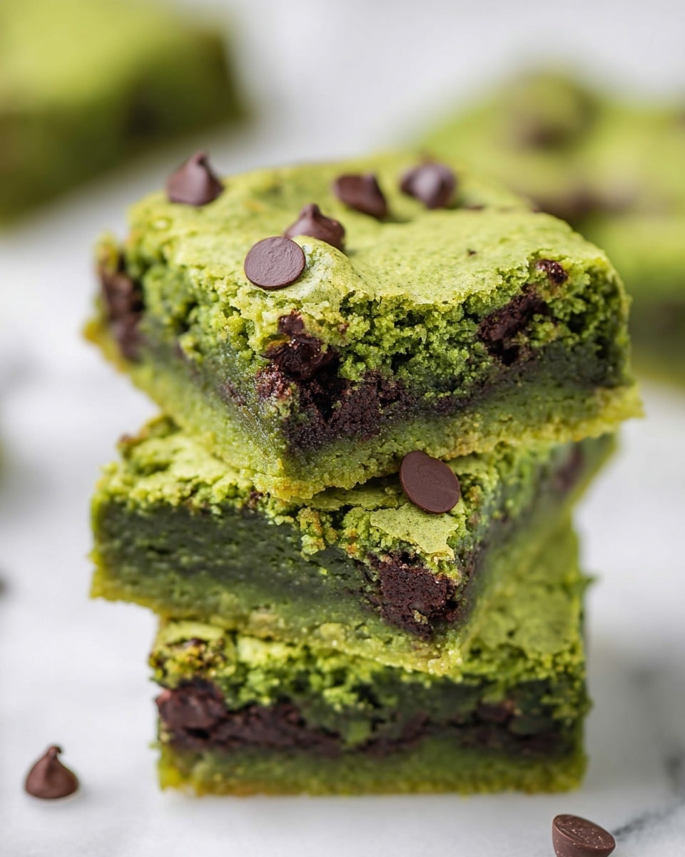 This image shows a close-up of a stack of three green brownies with a slightly cracked and crumbly top layer speckled with several dark chocolate chips. The brownies have a dense, moist, green interior with visible chunks of dark chocolate embedded inside. The brownies are arranged on a white marbled surface with a blurred out-piece of another green brownie in the background. The bright green color and chocolate chips stand out clearly, highlighting the texture and richness of the dessert photo taken with an iphone --ar 4:5 --v 7