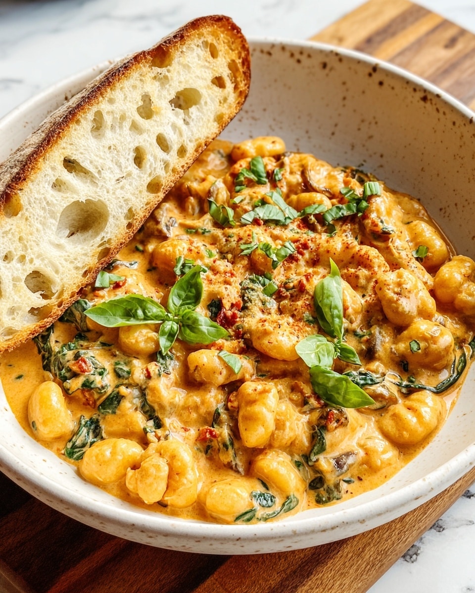 The dish is served in a deep white bowl with light brown speckles, placed on a wooden surface. It consists of three main layers: the base layer is soft, small gnocchi pasta, creamy and coated in a thick, orange-tinted sauce. Mixed within the sauce are pieces of cooked spinach, adding deep green patches throughout. The sauce is creamy with a slightly chunky texture from small bits of sun-dried tomatoes and mushrooms scattered around. The top layer is sprinkled with torn fresh basil leaves, bright green and fresh looking, adding a touch of color contrast. Resting inside the bowl is a long slice of toasted bread, pale golden with holes and uneven texture, partially dipped into the creamy pasta. The background is a white marbled surface photo taken with an iphone --ar 4:5 --v 7