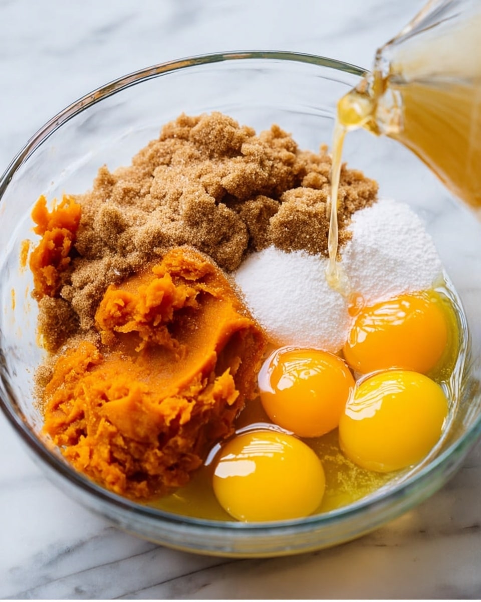 A clear glass bowl sits on a white marbled surface filled with several colorful layers of ingredients: three bright yellow raw eggs with their yolks and whites visible, a heap of light brown sugar with a rough texture, a mound of smooth orange pumpkin puree, and a pile of fine white sugar. A thin stream of light-colored oil is being poured into the bowl from the left side, adding a shiny liquid layer over the eggs. photo taken with an iphone --ar 4:5 --v 7