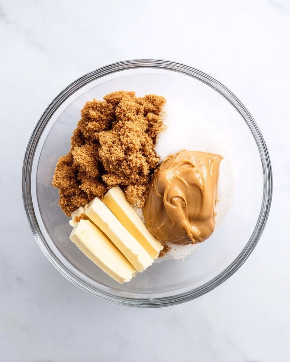 A clear glass bowl sits on a white marbled surface, holding four distinct layers of ingredients. In the top-left area, there is a crumbly pile of light brown sugar. Next to it, on the right side, there's a smooth dollop of light brown peanut butter. Below the peanut butter, a mound of white granulated sugar spreads out. At the bottom left, there are several pale yellow strips of butter, slightly melting. The bowl is viewed from above, capturing the textures and colors clearly. Photo taken with an iphone --ar 4:5 --v 7