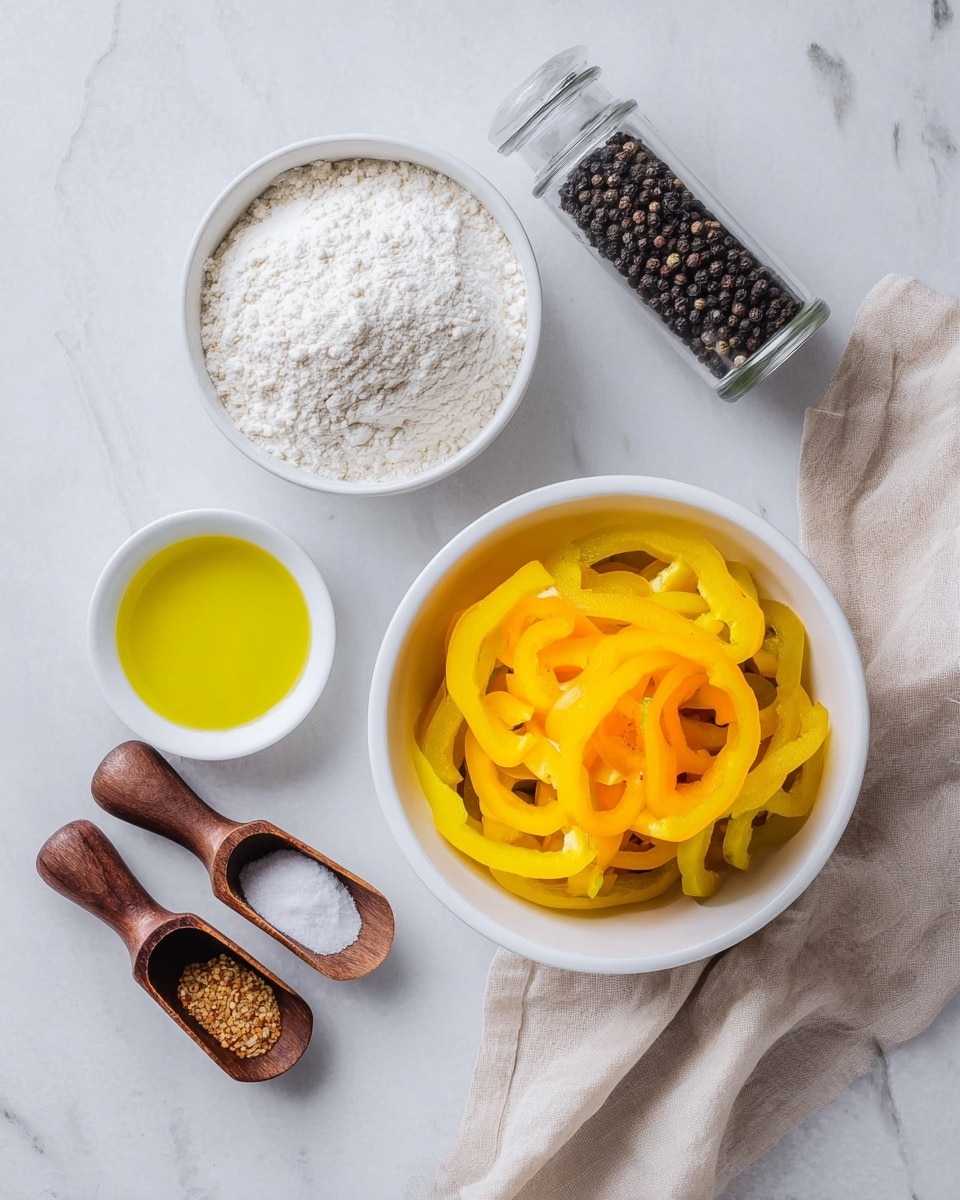 The image shows an overhead view of a white marbled surface with small cloths on the top left and bottom right corners. In the center, there is a white bowl filled with yellow and orange sliced rings of peppers, stacked loosely. Above this bowl, there is another white bowl filled with white flour, showing a powdery and uneven texture. To the left of the large bowl are two small dark wooden scoops, one holding brownish granules and the other holding white granules, likely salt. Below the pepper bowl, there is a small white bowl filled with yellow oil, showing a smooth surface. On the right side of the image, there is a clear pepper grinder filled with whole black peppercorns. The photo taken with an iphone --ar 4:5 --v 7