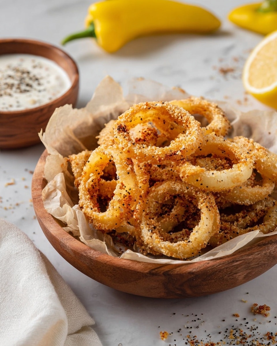 The image shows a wooden bowl lined with parchment paper full of golden fried onion rings that look crispy and sprinkled with black pepper. The rings are stacked unevenly, showing a crunchy texture with bits of fried coating. Around the bowl, there are scattered crumbs and black pepper on the white marbled surface. In the background, two yellow peppers are visible, and a small wooden bowl with white dipping sauce topped with black pepper is placed near the bottom left corner. A soft white cloth is draped near the edges of the frame. Photo taken with an iphone --ar 4:5 --v 7