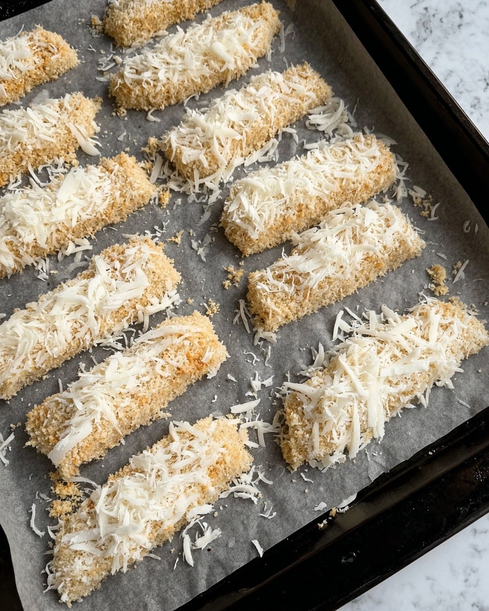The image shows several raw strips covered in a coating placed on a black tray lined with parchment paper on a white marbled surface. Each strip is fully covered in two layers: the bottom layer is a light beige crumbly texture, and the top layer is made of white shredded pieces that spread unevenly, creating a rough and textured look. The strips are arranged in no special order, with space between each one. Some crumbs and shredded bits are scattered around the strips on the parchment paper. Photo taken with an iphone --ar 4:5 --v 7