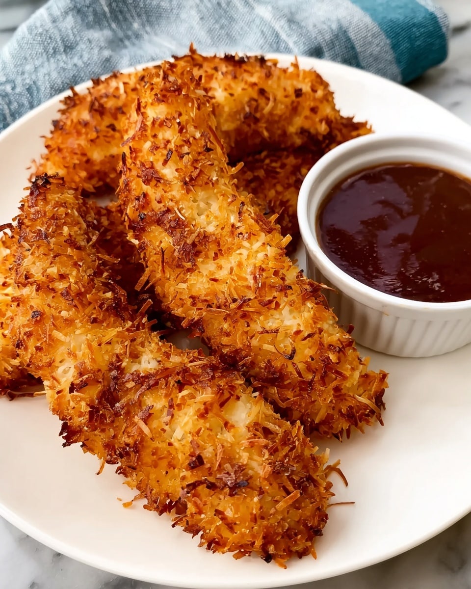Three large pieces of golden brown, crispy coconut-coated chicken strips are placed close together on a white plate. The chicken strips have a rough texture from the toasted coconut flakes covering them evenly. To the right side of the plate, there is a small white ramekin filled with a glossy, dark reddish-brown dipping sauce. The plate is set on a white marbled surface with part of a blue and white striped cloth visible behind it. Photo taken with an iphone --ar 4:5 --v 7
