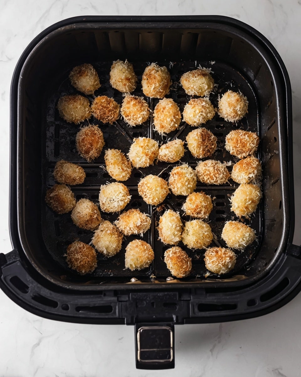 Inside a black air fryer basket, about thirty small, round, golden brown nuggets are evenly spread out across the grid at the bottom. Each nugget is coated with a light, crumbly texture, showing a mix of pale beige and golden tones indicating a crispy outer layer. The basket has small vents around the edges and a handle at the front, all visible against a white marbled textured surface beneath it. photo taken with an iphone --ar 4:5 --v 7