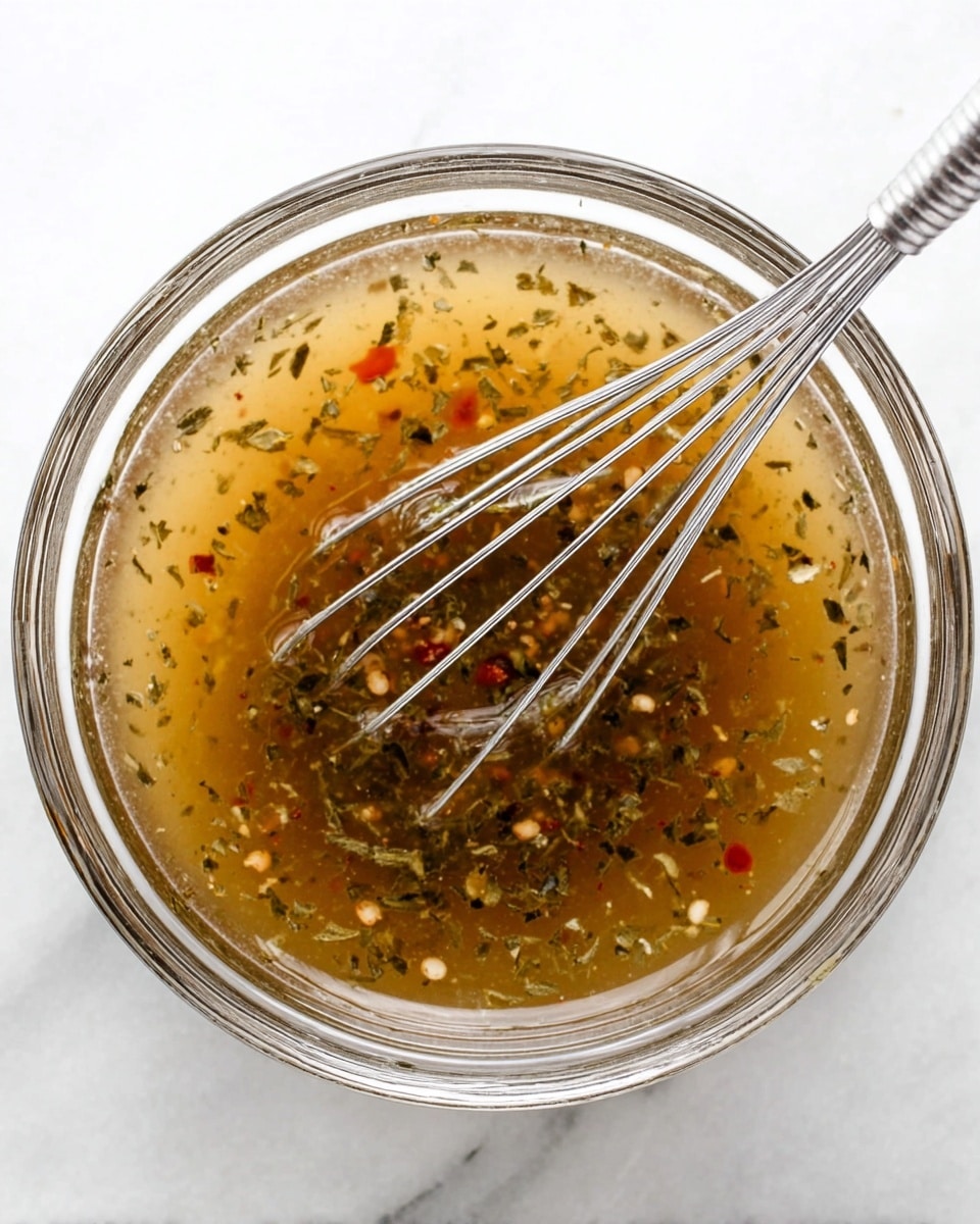 A clear glass bowl filled with a thin, light brown liquid dressing that has visible small pieces of herbs and red chili flakes floating throughout. A silver metal whisk is partially submerged in the mixture, with its handle leaning on the edge of the bowl. The bowl sits on a smooth white marbled surface, with no other items in the frame. The dressing looks well mixed but light in texture, showing the different spices clearly photo taken with an iphone --ar 4:5 --v 7