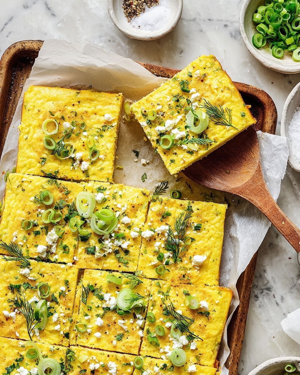 A tray of golden-yellow baked egg squares with a slightly textured surface, sprinkled with small white cheese crumbles and finely chopped fresh green herbs like dill and parsley. The squares are cut into equal pieces, with one piece lifted on a wooden spatula, showing the thin, flat, soft layers. Thin rings of green spring onion scattered over the top add a fresh touch. The tray is lined with white parchment paper, placed on a white marbled surface; nearby are small white bowls containing salt, pepper, and more fresh herbs for garnish. Photo taken with an iphone --ar 4:5 --v 7
