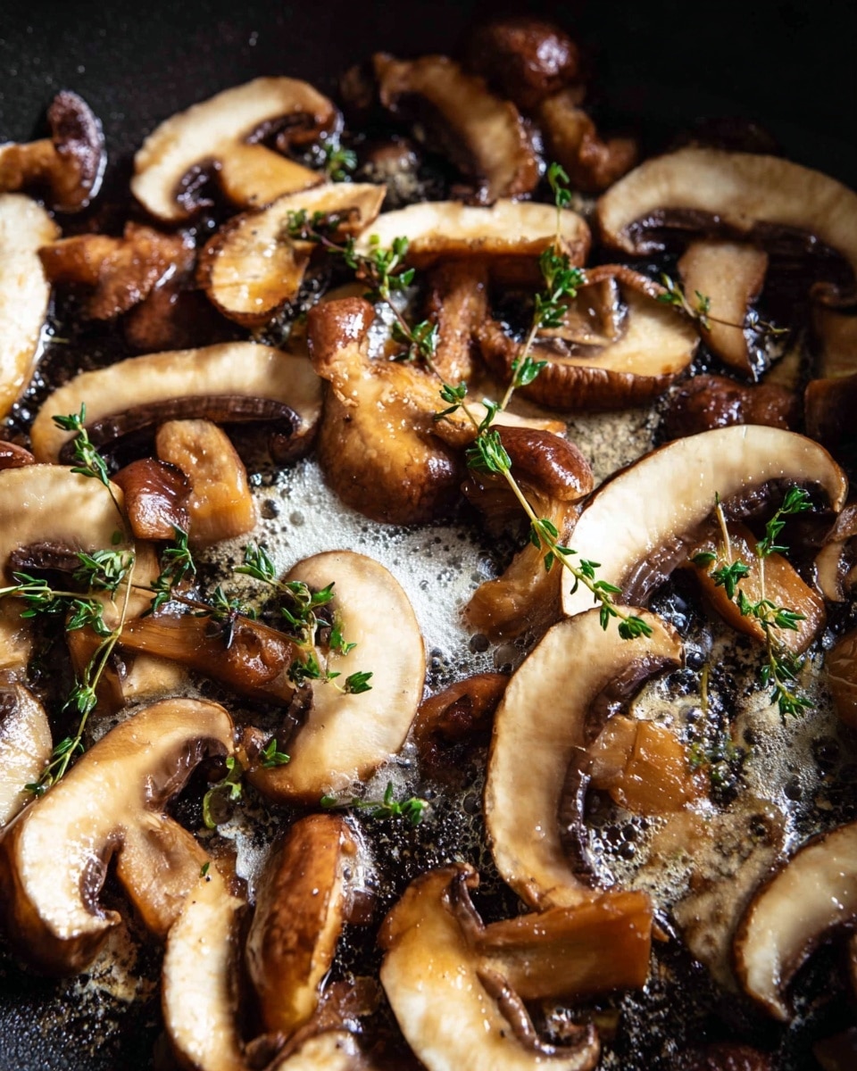 A close-up of browned shiitake mushrooms cooking in a pan shows many mushroom slices with smooth white and brown layers, some curled and some flat, mixed with small sprigs of fresh green thyme scattered across. The mushrooms appear shiny and oily with a little foam of butter melting near the center. The dark pan contrasts with the mushrooms and herbs, emphasizing their colors and textures. The photo taken with an iphone --ar 4:5 --v 7