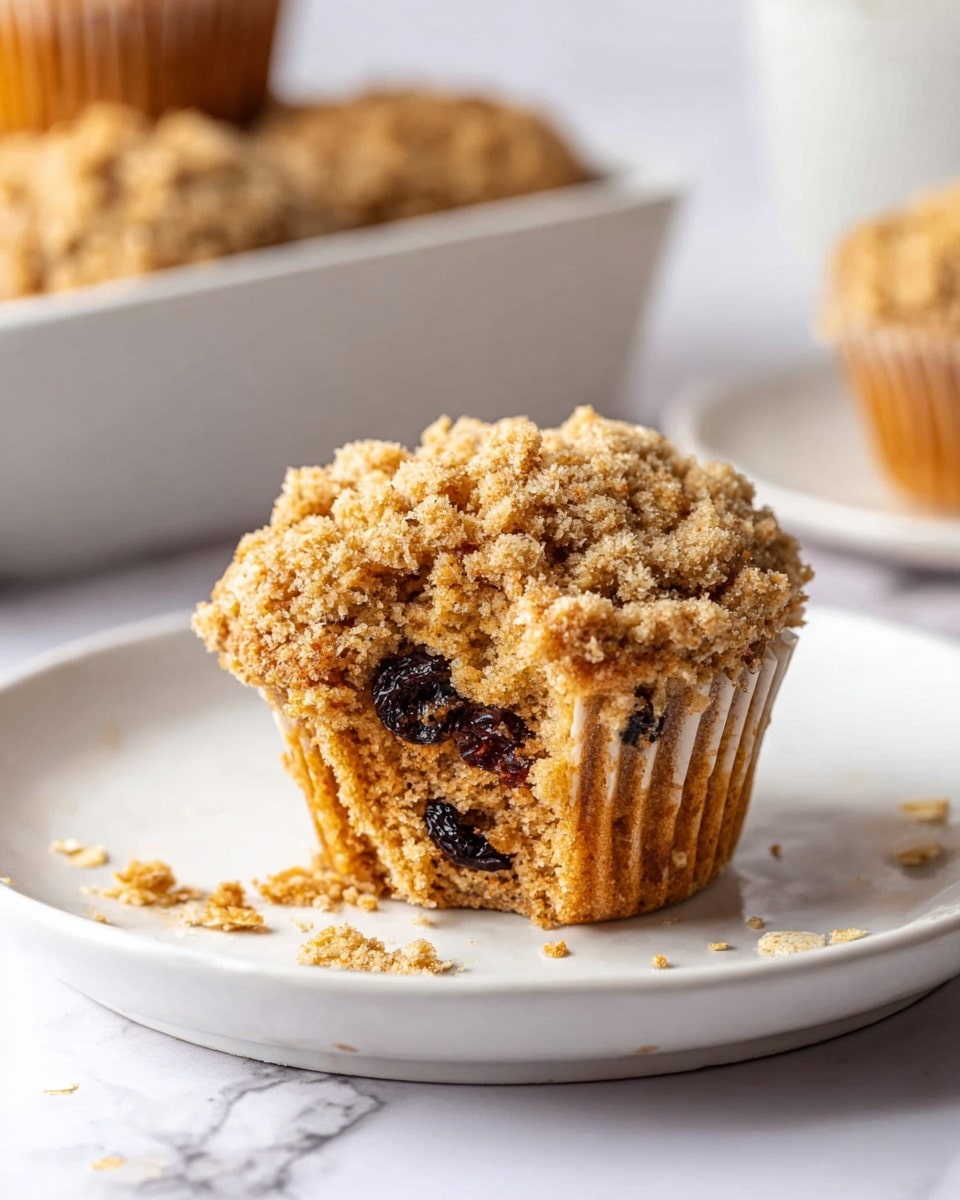 A close-up of a small muffin with a rough, crumbly golden brown oat topping, filled with dark raisins visible inside the light brown, soft-looking cake. The muffin sits on a white plate with a few oat flakes and crumbs scattered around it, all placed on a white marbled surface. In the background, a white rectangular dish holds more muffins with a similar crumb topping, softly out of focus, giving a cozy and fresh bakery feel. Photo taken with an iphone --ar 4:5 --v 7