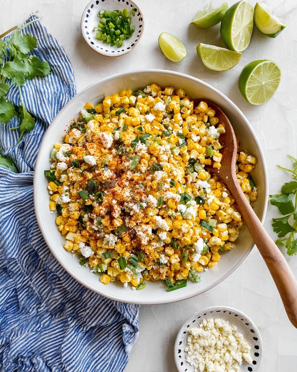A white bowl filled with a colorful corn salad showing three main layers: bright yellow corn kernels mixed with green chopped scallions and small green herb pieces, topped with white crumbly cheese and sprinkled lightly with reddish spice powder, all garnished with small cilantro leaves scattered on top; a wooden spoon rests inside the bowl scooping some of the corn mixture; around the bowl on a white marbled texture surface are halved and sliced green limes, a small white bowl with more crumbled cheese, a white plate with a lime wedge and dark dots around the edge, and a small white dish holding more chopped green scallions, with a blue striped cloth and loose cilantro leaves adding color to the scene, photo taken with an iphone --ar 4:5 --v 7