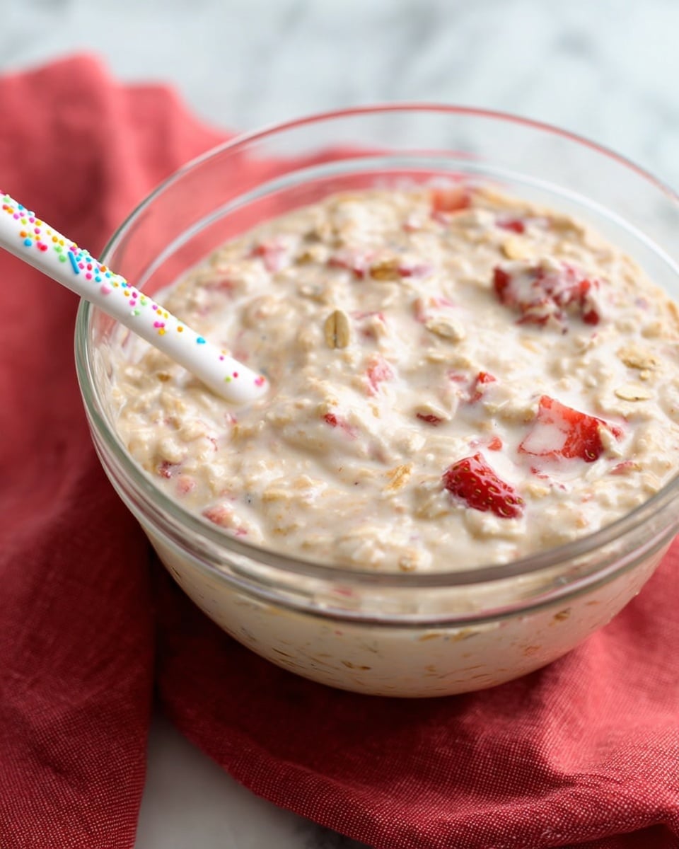 A clear glass bowl filled with a creamy mixture that has visible bits of oats and small pieces of red strawberries scattered throughout. A white spoon with colorful sprinkles rests inside the bowl, partially immersed in the mixture. The bowl sits on a red cloth with a soft texture, placed over a white marbled surface. The mixture shows a thick, soft texture with a light beige color and bright red accents from the fruit pieces. photo taken with an iphone --ar 4:5 --v 7