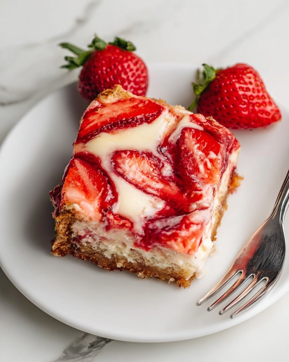 A square slice of strawberry dessert on a white plate with a silver fork beside it on the right. The dessert has a golden brown base layer, topped with fresh strawberry slices embedded in a creamy white layer with swirls of bright red strawberry sauce mixed throughout. A half strawberry with green leaves is placed on the plate near the top left of the dessert. The background shows a white marbled surface. Photo taken with an iphone --ar 4:5 --v 7
