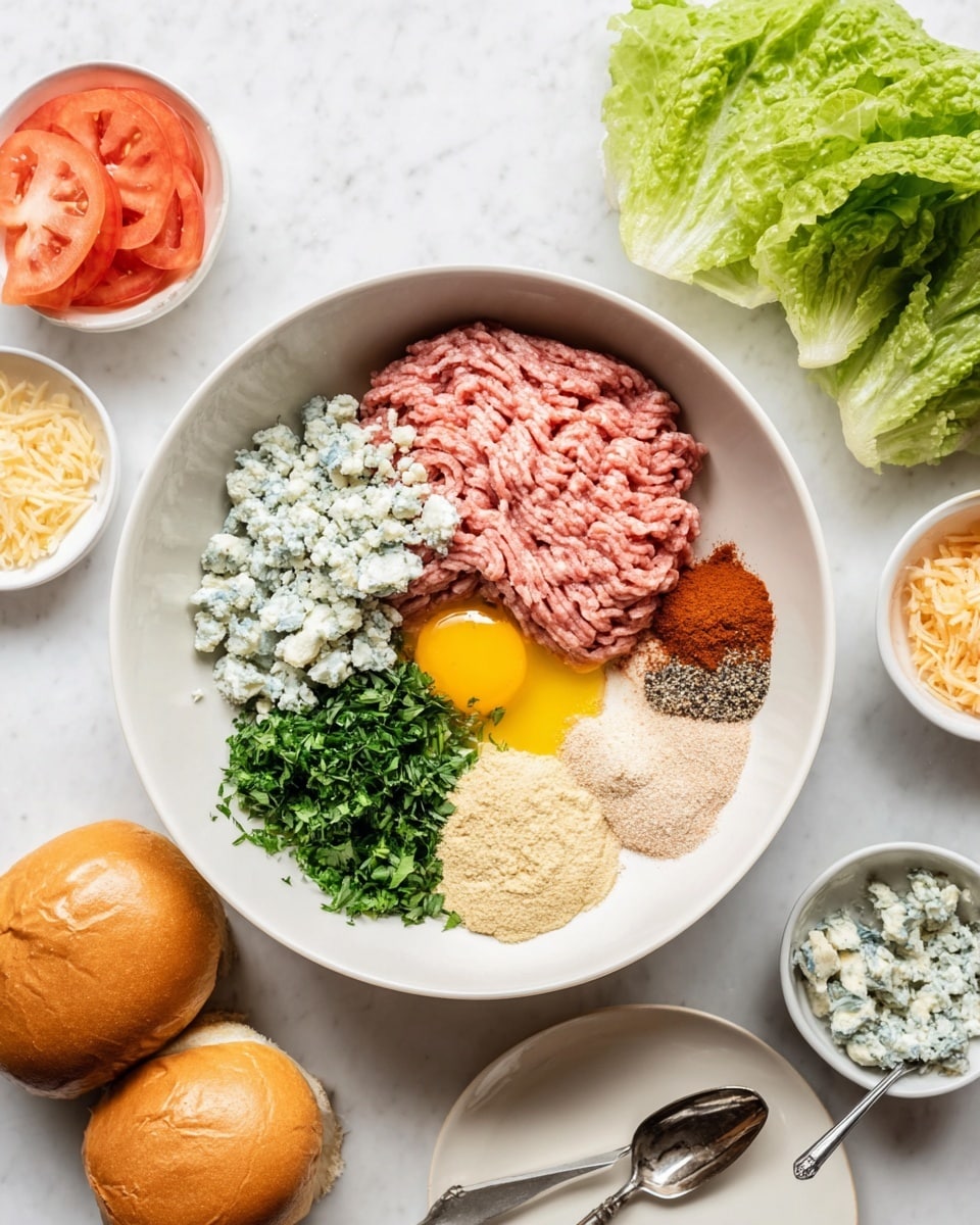 A white bowl on a white marbled surface holds several ingredients layered separately: raw pink ground meat spread flat; crumbled light blue cheese placed in a pile on the left side; a bright yellow raw egg yolk near the top right edge; reddish spice powder in a mound to the right of the yolk; pale beige powder next to the spice powder on the far right; a small dollop of pale yellow mustard in the center; a small pile of black pepper, a small pile of salt, and a bunch of chopped fresh green herbs arranged near the middle and bottom right overlapping the meat. Around the bowl are fresh green leafy lettuce on the upper right, sliced red tomatoes on the lower left, two golden-brown sandwich buns on a white plate at the bottom, a small bowl of pale orange shredded mixture with a spoon at the top left, and a small bowl with blue cheese pieces contains some chunks on the right bottom corner. Photo taken with an iphone --ar 4:5 --v 7