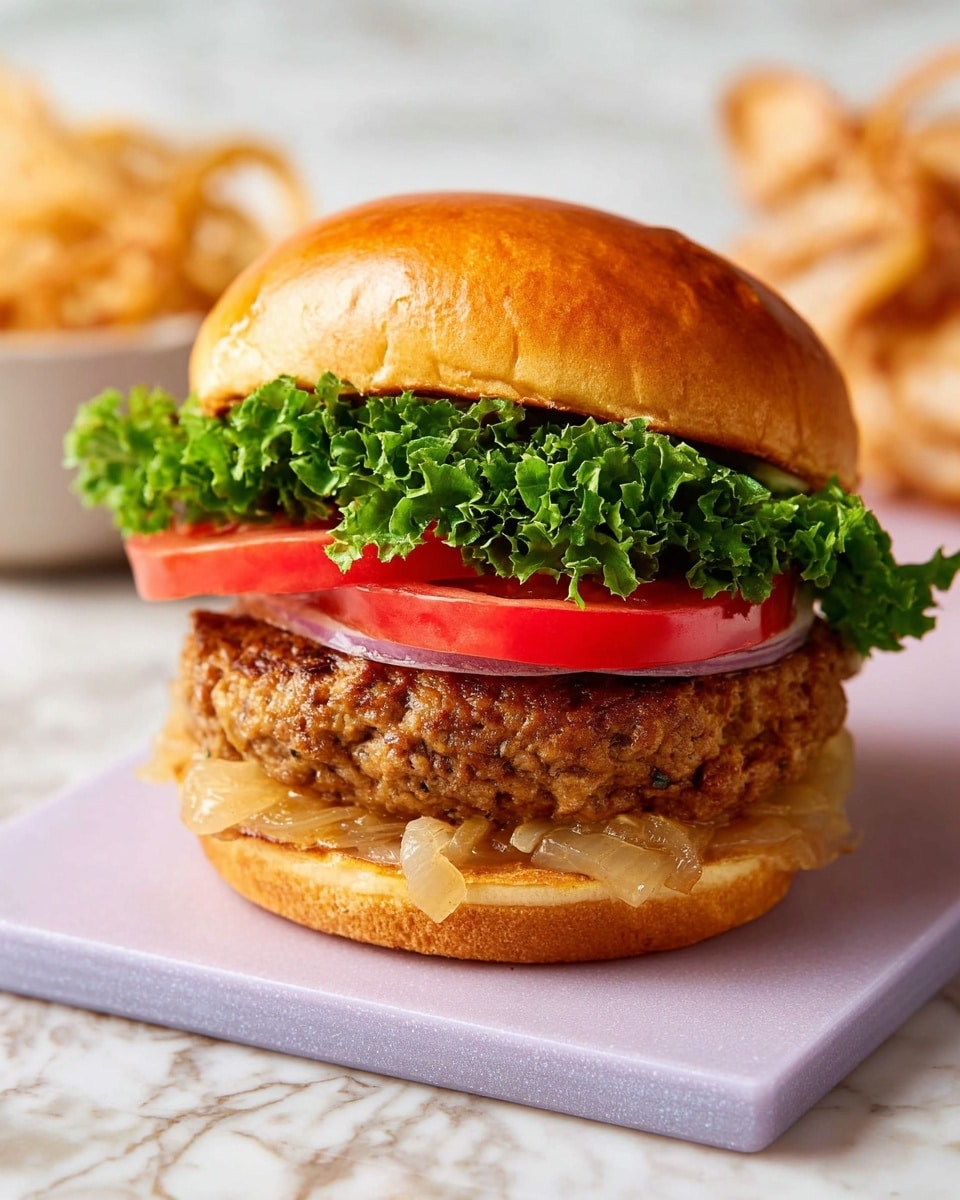 A close-up view of a sandwich on a soft, golden brown bun with a glossy top layer. Starting from the bottom, there is a thick toasted bun base, topped with a layer of glossy cooked onions in a light translucent yellow color. Above the onions, there is a thick, juicy, textured patty with a lightly browned and slightly crispy outer surface. Next comes a fresh, bright green leafy lettuce layer with curled edges. On top of the lettuce, there are two slices of vibrant red tomato stacked side by side. Finally, the sandwich is crowned with a smooth, shiny golden bun top. The sandwich sits on a light purple cutting board against a white marbled background. Photo taken with an iphone --ar 4:5 --v 7