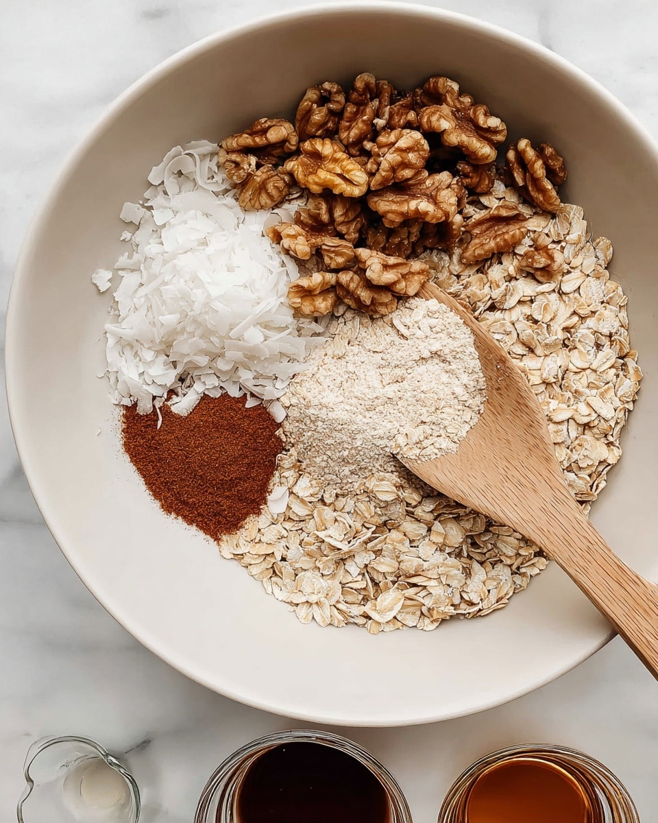 A white bowl holds four separate layers of dry ingredients: a large pile of light beige rolled oats takes up most of the bottom right, a heap of brown walnut halves sits above the oats, next to a mound of white coconut flakes on the left, and a small heap of reddish-brown cinnamon powder sits at the bottom left. A light wooden slotted spoon rests on the walnuts, its handle extending out of the bowl. The bowl sits on a white marbled surface with two small glass containers of liquid, one dark brown and one light brown, partly visible below. Photo taken with an iphone --ar 4:5 --v 7