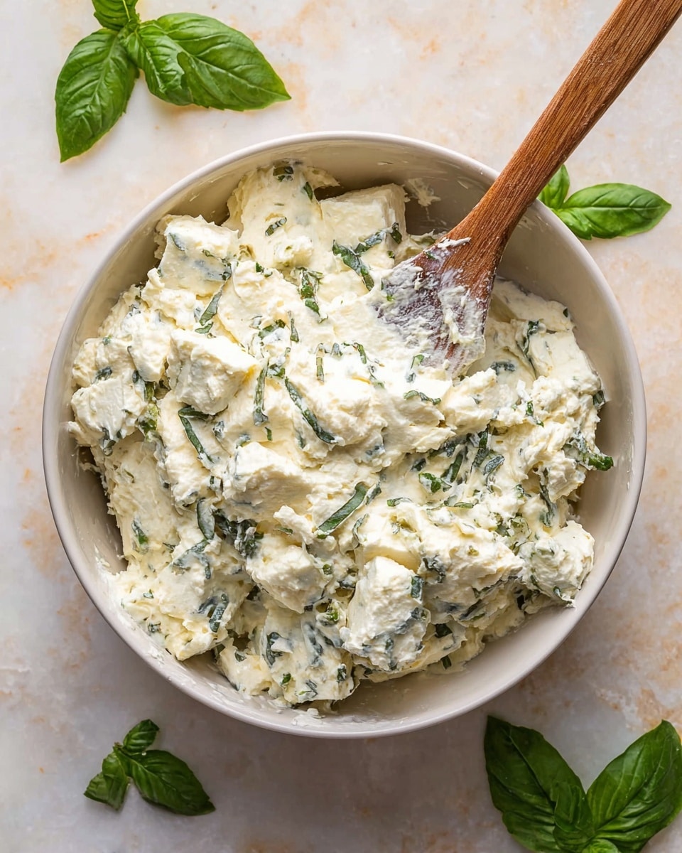A white bowl filled with a creamy, chunky mix with three main layers: a thick white cheese base, scattered green leafy pieces, and small white cheese cubes mixed throughout. The texture shows soft, creamy cheese mixed with shredded cheese and leafy herbs. A wooden spoon with a smooth handle rests inside the bowl, partially covered with the creamy mixture. The bowl is placed on a white marbled surface with a few fresh green basil leaves arranged casually around it, adding a fresh contrast to the creamy dish. Photo taken with an iphone --ar 4:5 --v 7