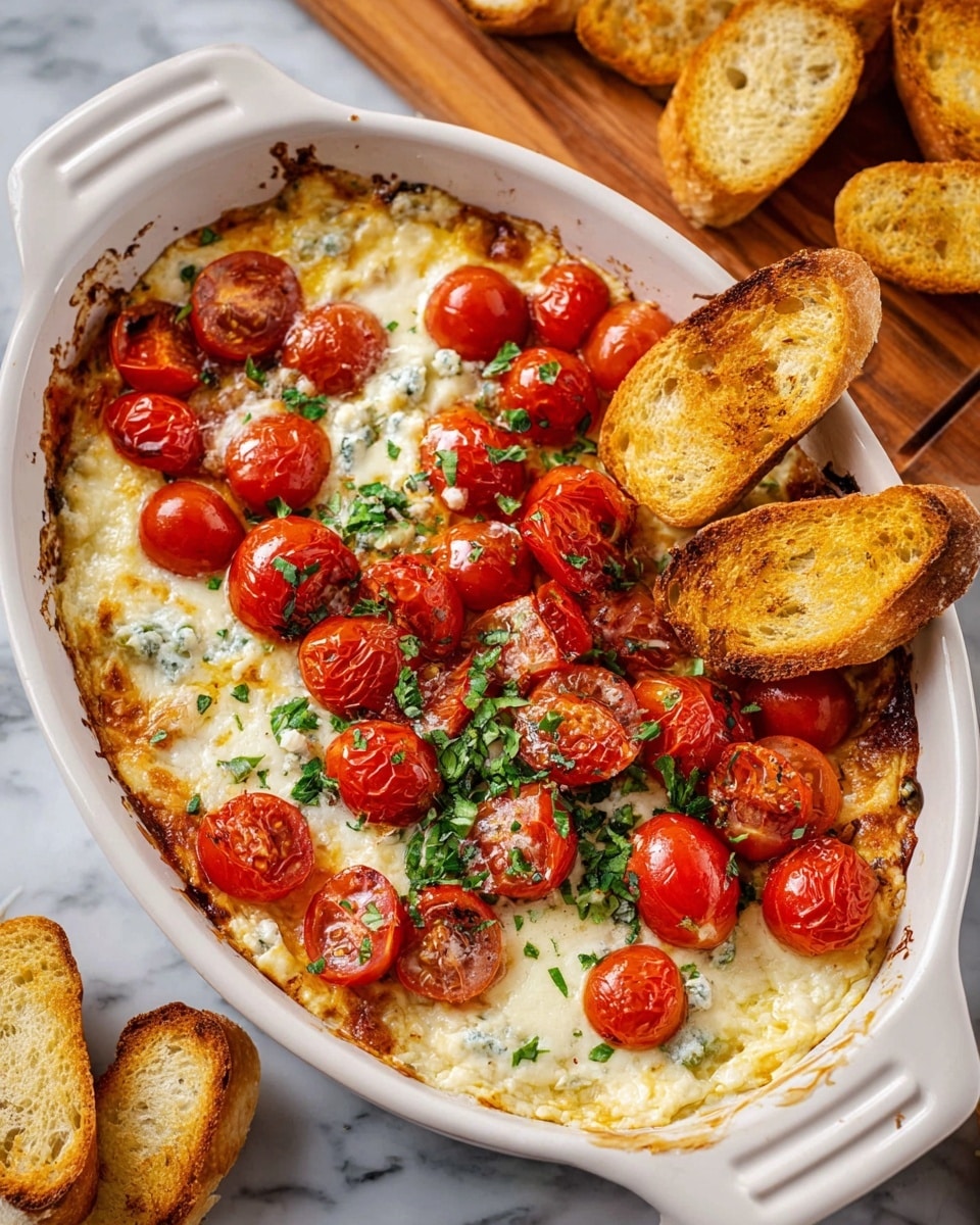 A white oval dish filled with a creamy baked dip that has a layer of melted white cheese with a slightly browned edge. On top, there are many halved red cherry tomatoes, some whole and some squished, adding bright spots of red. Fresh chopped green herbs are sprinkled evenly over the dip, giving a fresh look. Three pieces of golden toasted baguette are dipped into the cheese on the right side. The dish sits on a white marbled surface with a wooden board holding more toasted baguette slices on the upper right. Photo taken with an iphone --ar 4:5 --v 7