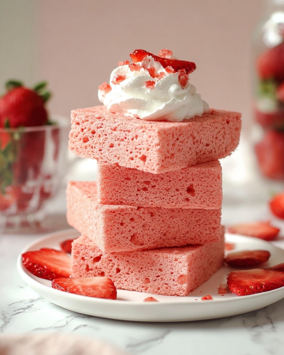 The image shows a stack of four square pink sponge cakes on a white plate, sitting on a white marbled surface. The spongy cakes have a soft, airy texture and are arranged neatly one on top of the other. On top of the stack is a dollop of white whipped cream surrounded by small, fresh red strawberry pieces. More strawberry pieces are scattered around the plate, adding a bright red contrast to the pink cakes and white plate. The background is softly blurred, with a glass bowl of strawberries and a jar softly visible. Photo taken with an iphone --ar 4:5 --v 7