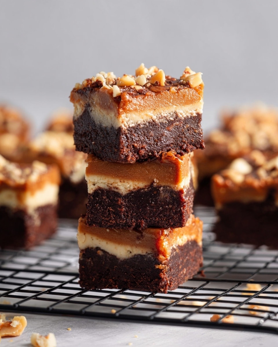 The image shows a stack of three square dessert bars, each with two main layers. The bottom layer is thick, dark, and fudgy looking with a smooth texture, while the top layer is lighter brown, creamy, and slightly crumbly. Crushed nuts are sprinkled on top and embedded slightly into the upper layer. The bars are placed on a black wire rack with other cut pieces blurred in the background. The scene is lit softly with a plain light gray background and a shallow focus highlighting the texture of the bars. photo taken with an iphone --ar 4:5 --v 7