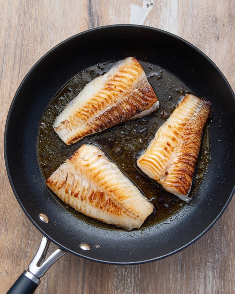 A black frying pan holds three fillets of fish being cooked, each fillet showing a light golden brown sear with some darker grilled lines. The fish pieces are arranged so one is near the left edge, one near the top, and one closer to the bottom right of the pan. The pan sits on a white marbled surface, and there is some oil shimmering around and under the fish, indicating cooking in progress. The pan has a black handle with a silver grip, positioned to the right side. photo taken with an iphone --ar 4:5 --v 7
