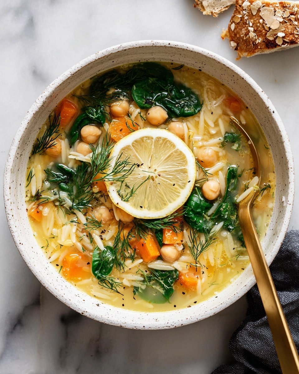 A white lightly speckled bowl holds a bright soup with several layers. The bottom layer is a clear broth with a light yellow hue. Inside the broth, there are small pale orange carrot cubes, tan chickpeas, small white orzo pasta pieces, and dark green fresh spinach leaves. On top in the center rests a thin, round slice of lemon with a bright yellow rind and pale yellow inside. Fresh dill sprigs with thin green leaves are scattered on the surface. A gold spoon stands in the bowl, leaning against the side. The bowl is placed on a white marbled surface with a small piece of oat-topped bread near the top right corner and a dark gray cloth napkin at the bottom right. photo taken with an iphone --ar 4:5 --v 7