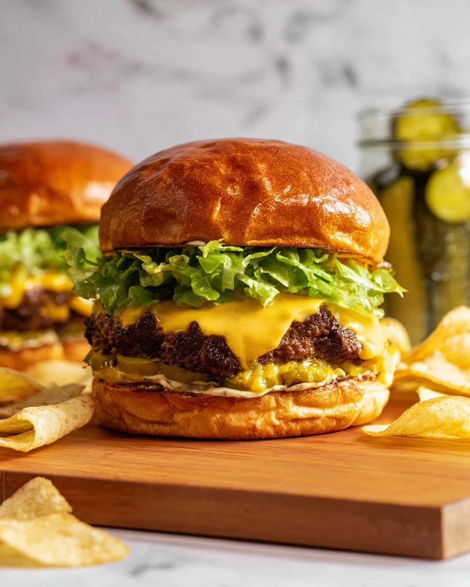 A close-up view of a burger with a shiny golden brown bun on top, a layer of bright green leafy lettuce just underneath, melted orange-yellow cheese dripping over a thick, dark brown grilled beef patty, pickles and sautéed light brown onions spread with a yellow mustard sauce on the bottom golden brown bun. The burger sits on a light wooden board with some potato chips scattered around. In the background, there is a glass jar with green pickle slices and another burger slightly blurred. The setting shows a white marbled surface behind the food. Photo taken with an iphone --ar 4:5 --v 7