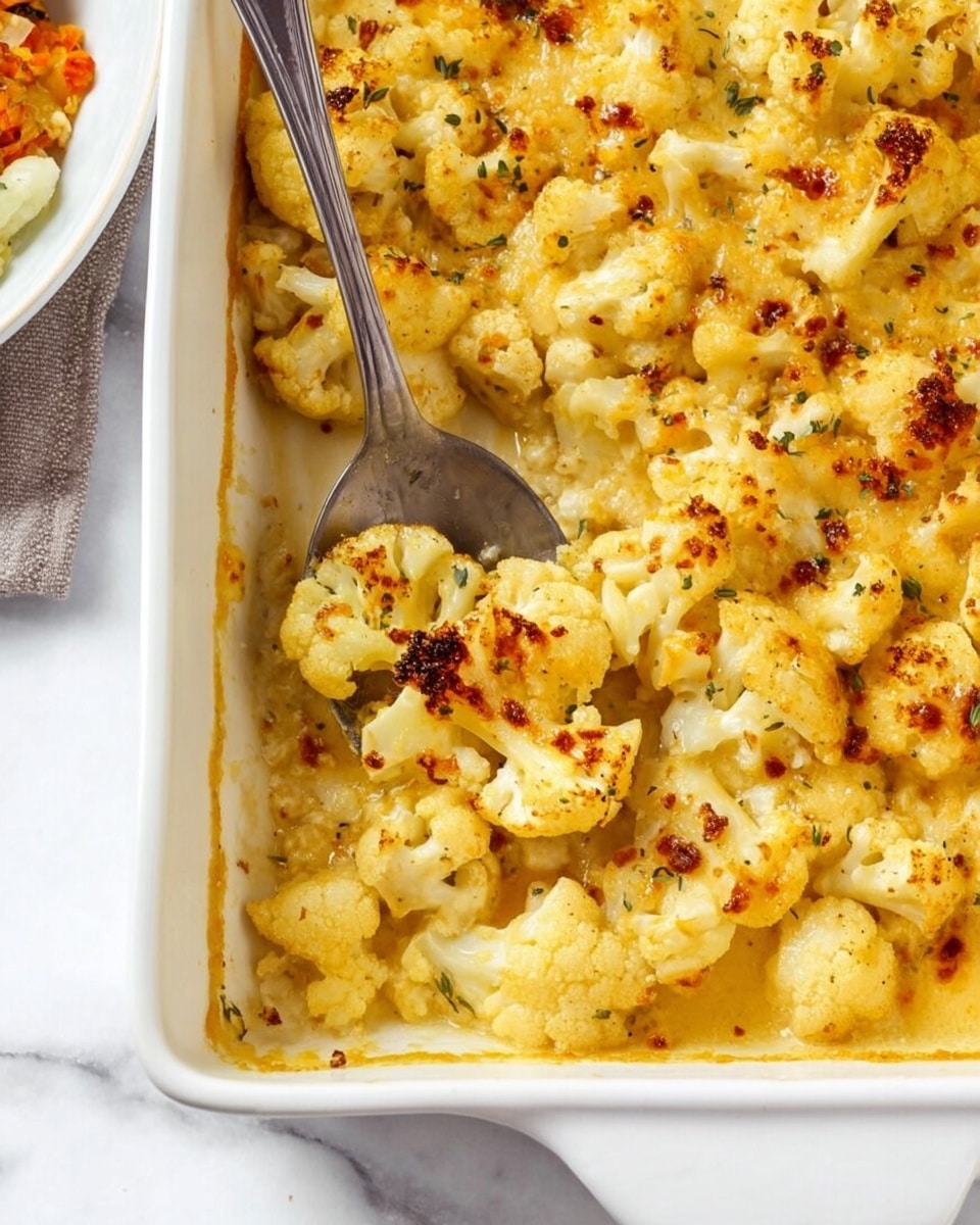 The image shows a close-up of a white rectangular baking dish filled with a creamy cauliflower casserole. The dish has one visible layer of cauliflower florets covered with a golden-yellow cheesy sauce that coats the cauliflower unevenly, showing some charred spots. A metal spoon is scooping some of the casserole from the left side near the corner, with cauliflower pieces sticking to the spoon. The background features a white marbled surface with a small glimpse of another white dish with food blurred in the top left corner. photo taken with an iphone --ar 4:5 --v 7