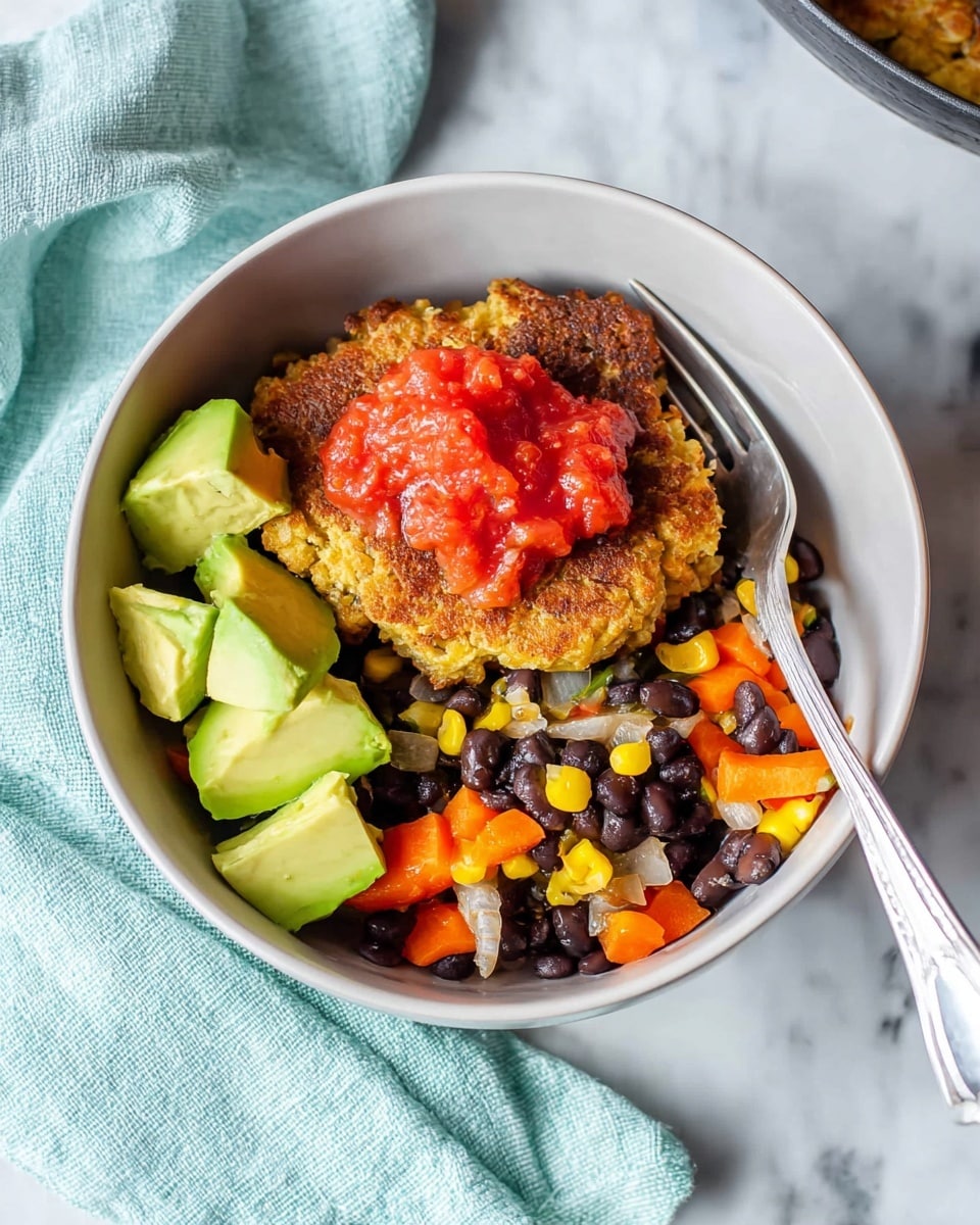 A white bowl contains a golden brown patty with a rough texture taking up half of the bowl's top left side, topped with a bright red chunky salsa in the center of the patty. To the bottom right is a colorful mix of black beans, diced orange carrots, yellow corn, and chopped onions. On top of this mix and next to the salsa, there are three chunks of light green avocado with smooth texture. A silver fork rests on the bowl’s edge on the right side. The bowl sits on a light blue cloth on a white marbled surface. Photo taken with an iphone --ar 4:5 --v 7