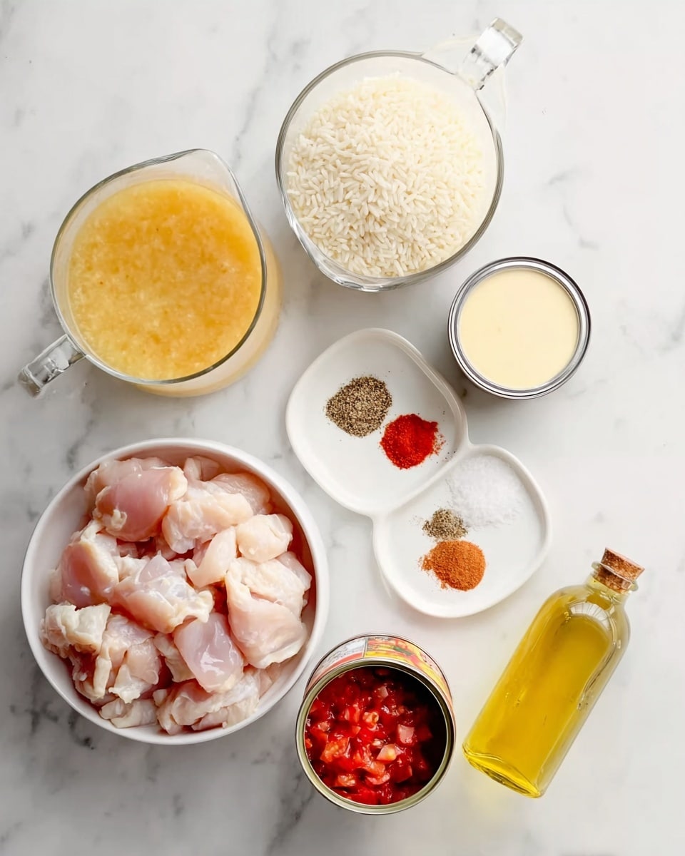 The image shows several cooking ingredients arranged on a white marbled surface. There is a white bowl filled with raw chicken pieces at the bottom left and a white bowl filled with uncooked rice above it. To the right of the rice is a white plate with mixed spices arranged separately, including salt, pepper, and a few powdered spices. Above the spice plate is a glass pitcher filled with light yellow broth. To the right of the broth is an open can of light yellow cream, and to the left of the broth is an open can of chopped red tomatoes. At the bottom right, there is a clear glass bottle filled with light yellow oil. All items look clean and ready to be used in cooking. Photo taken with an iphone --ar 4:5 --v 7