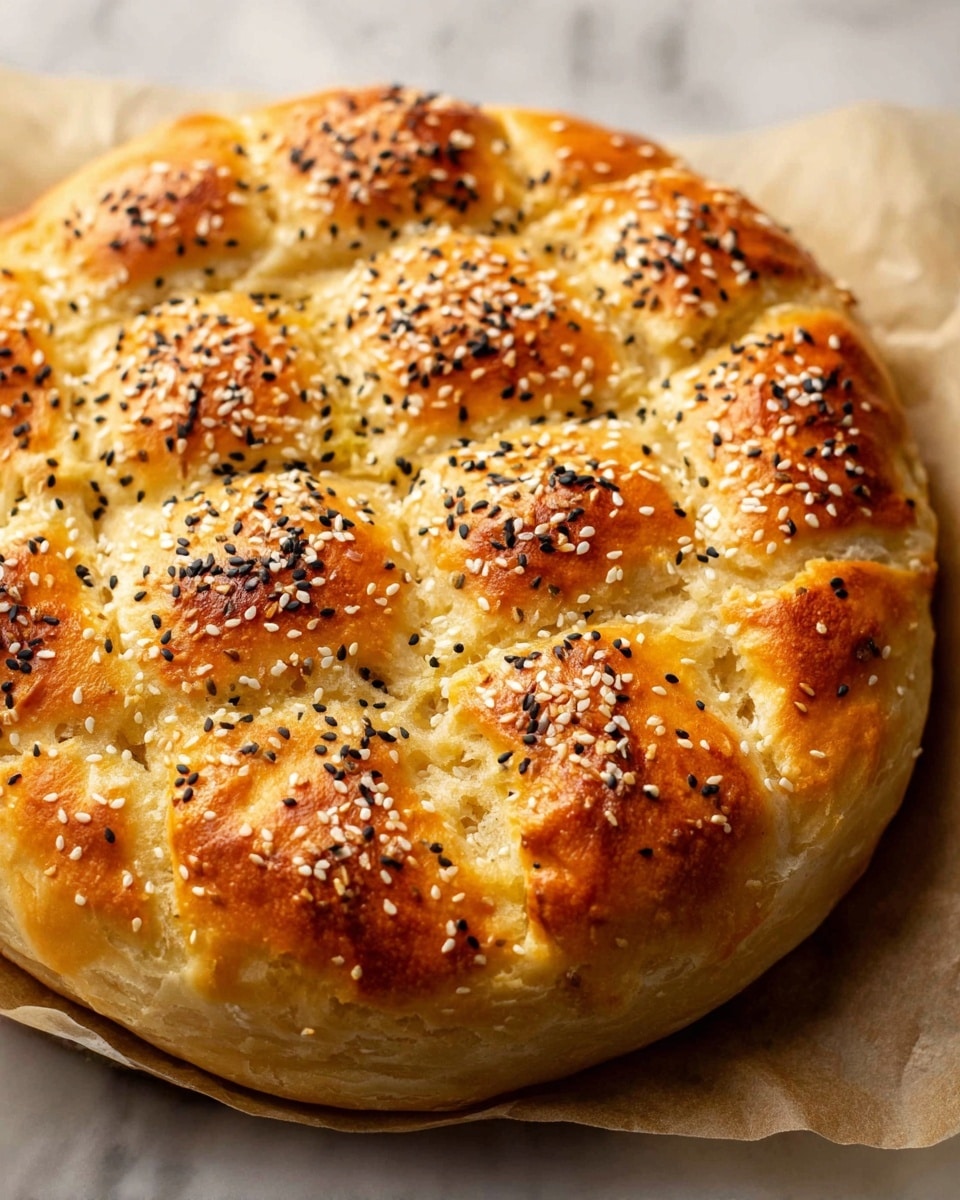A close-up view of a round bread with a golden-brown crust, featuring a pattern of raised squares across its surface. Each square is topped with a mix of white and black sesame seeds, creating a sprinkled texture. The edges of the bread are thick and slightly glossy, showing a soft and fluffy inside texture beneath the crisp crust. The bread rests on light parchment paper, all set on a white marbled surface. photo taken with an iphone --ar 4:5 --v 7