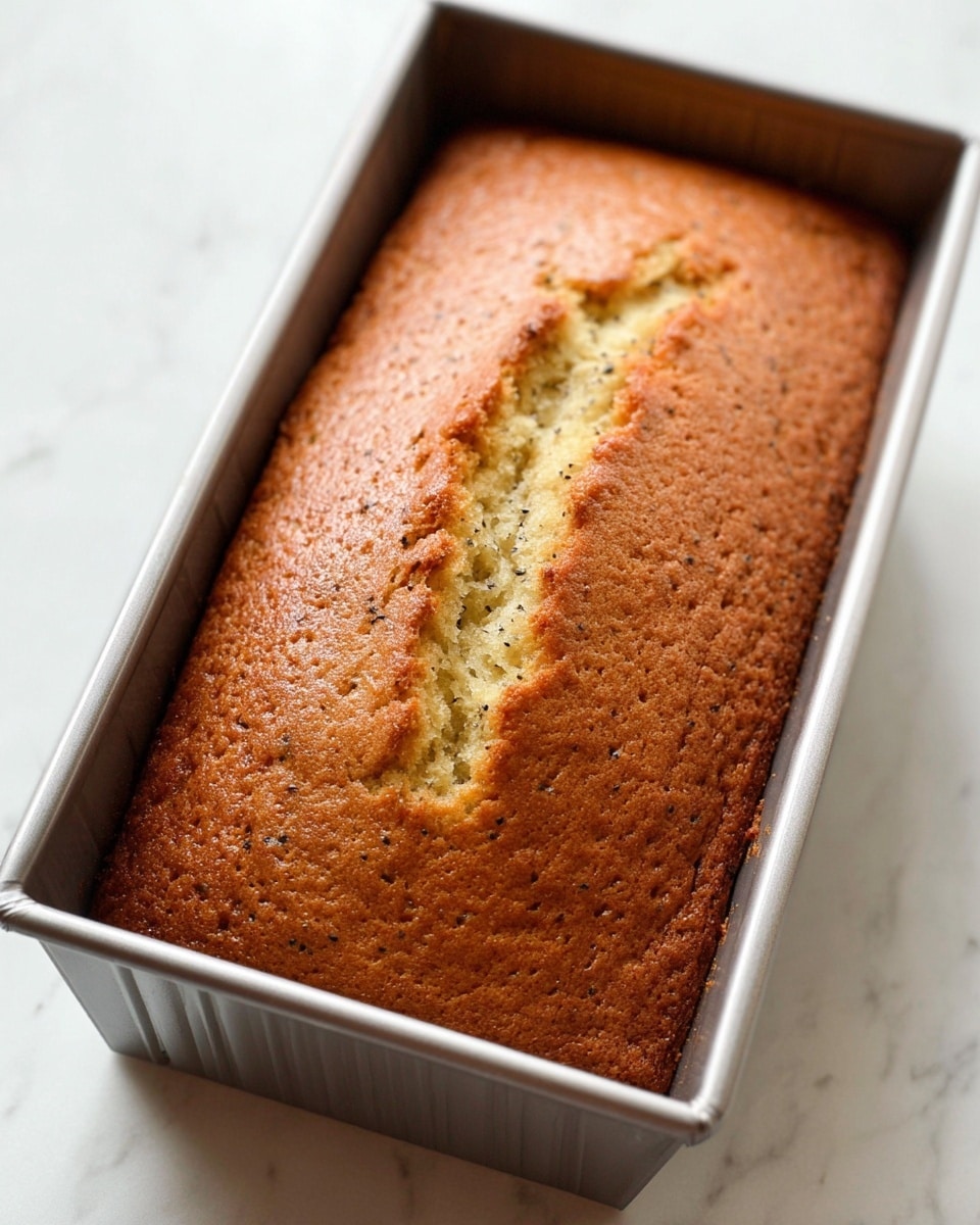 A single loaf of golden brown cake with tiny black specks is shown in a metal loaf pan. The cake has a slightly cracked top in the middle, revealing a lighter and soft texture inside. The pan sits on a white marbled surface. The edges of the cake are darker brown, indicating it was baked evenly. Photo taken with an iphone --ar 4:5 --v 7