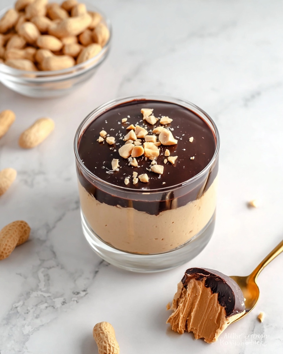 The image shows a clear glass cup with two visible layers: the bottom layer is a light beige creamy peanut butter mousse, and the top layer is a smooth, dark chocolate ganache with a glossy finish. The chocolate layer is sprinkled with chopped peanuts. A small bite is taken out from the edge, revealing the creamy mousse underneath. In the background, there is a clear bowl filled with whole peanuts. Around the cup, there are scattered whole peanuts and a gold spoon holding a scoop of whipped peanut butter and chocolate mixture. The scene is set on a white marbled surface. photo taken with an iphone --ar 4:5 --v 7
