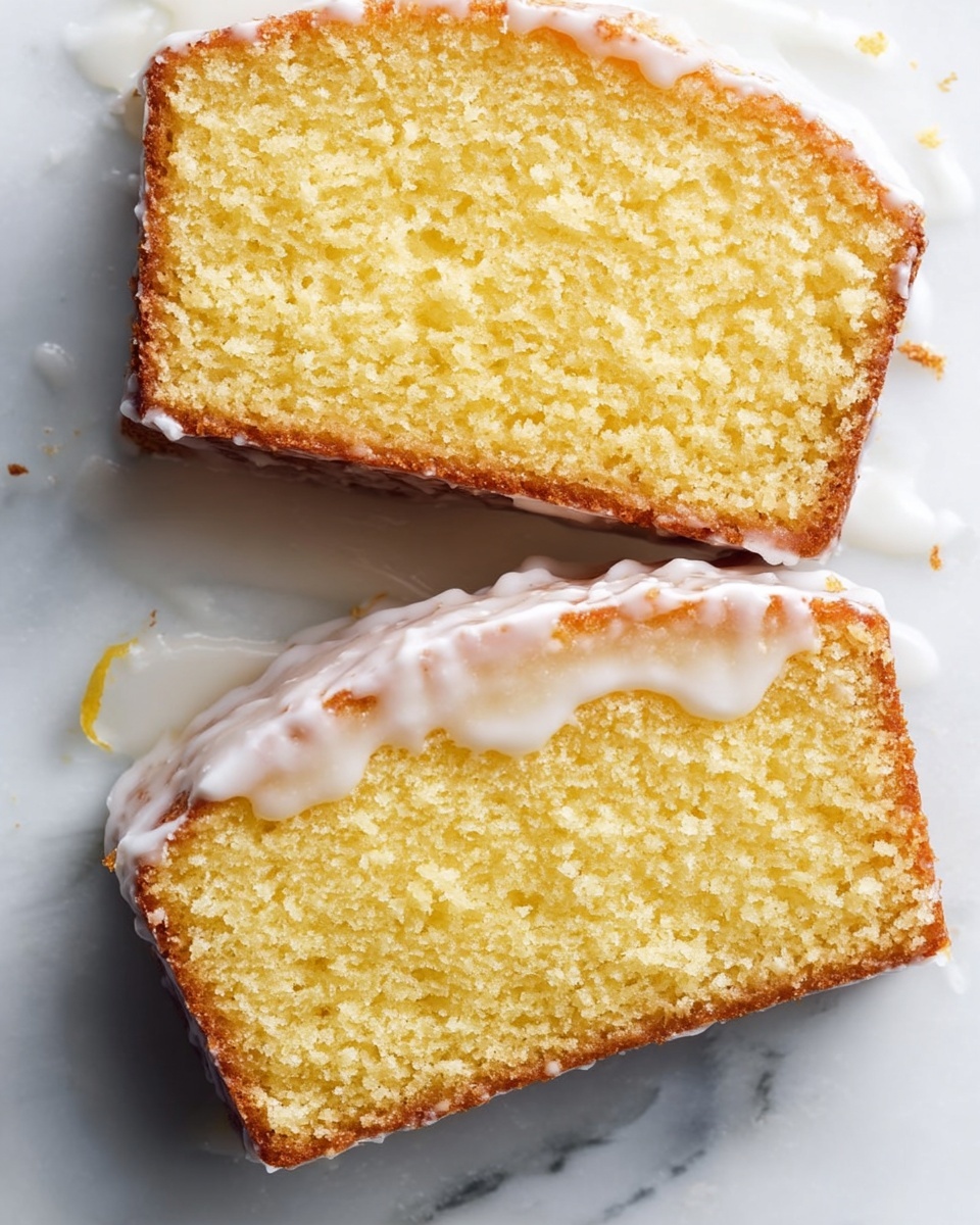 Two slices of yellow pound cake with a golden brown crust are placed on a white marbled surface. Each slice has a thin layer of white icing along the edges, with some icing spread unevenly on the surface beneath, creating a slightly glossy texture. The cake looks soft and moist with a crumbly texture visible on the cut sides. Photo taken with an iphone --ar 4:5 --v 7