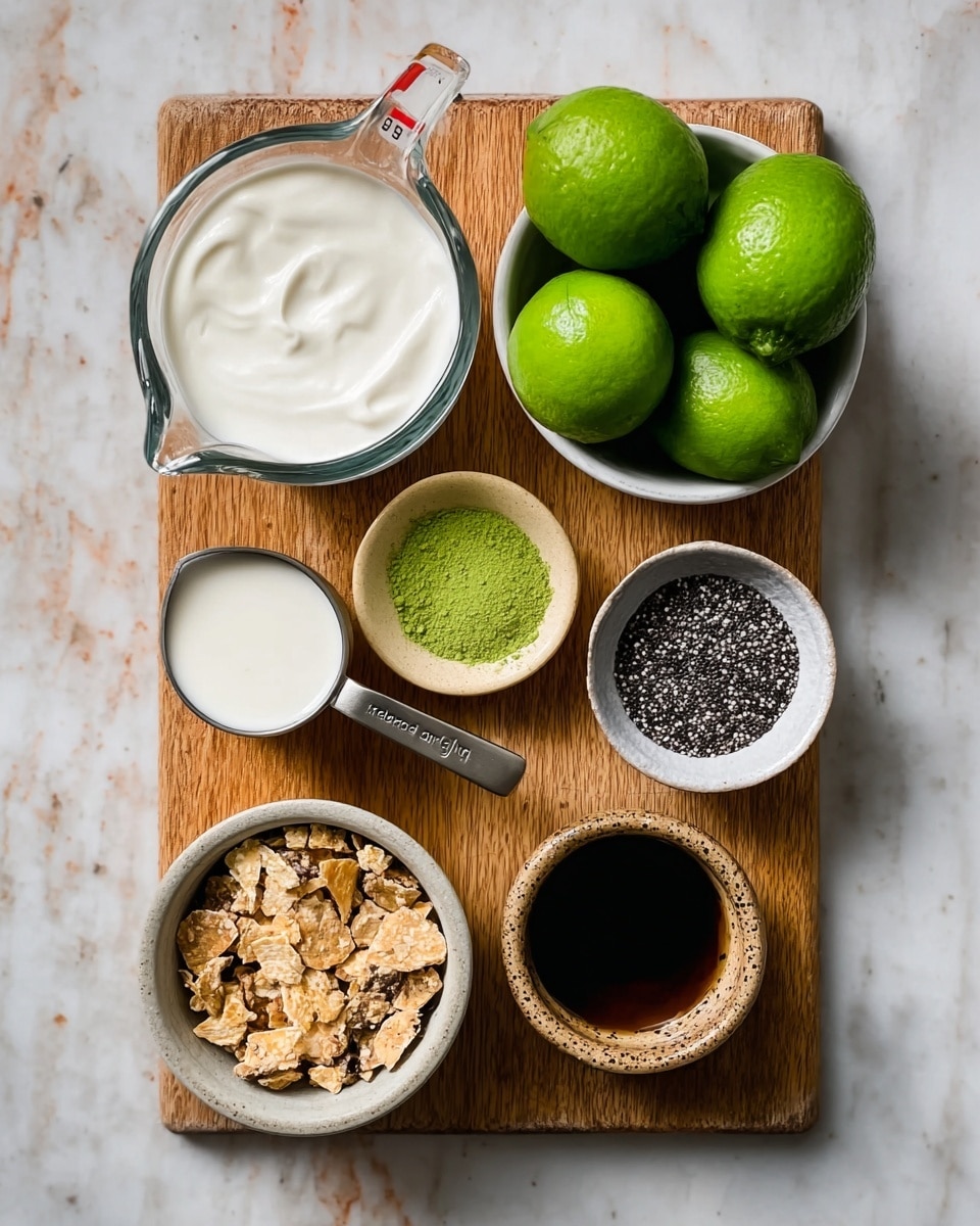 The image shows a wooden board placed on a white marbled surface, holding six containers with different ingredients. In the top right, a white bowl filled with four green limes sits next to a measuring cup with white cream inside on the left edge. Below the measuring cup, a small beige bowl contains a small amount of bright green powder. Next to it in the middle bottom, a white bowl is filled with small black and white seeds. Above that, a small brown speckled bowl contains a dark brown liquid. On the left side of the board, there is another white bowl filled with broken pieces of a light brown, crunchy ingredient. Photo taken with an iphone --ar 4:5 --v 7