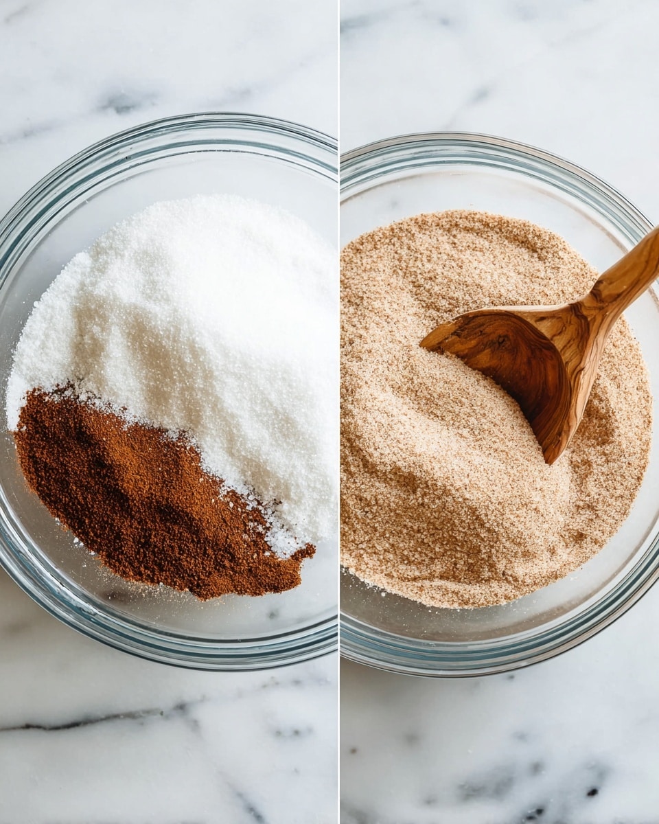The image shows two side-by-side photos on a white marbled surface. On the left, a clear glass bowl holds three layers of dry ingredients: a large white sugar layer, a smaller pile of dark brown cinnamon on the right, and a tiny mound of white salt near the center, all unmixed. On the right, the same bowl now has the ingredients mixed into a light brown powder with a soft, grainy texture, and a wooden spoon is partially buried in the mix, leaning against the bowl's edge. Photo taken with an iphone --ar 4:5 --v 7