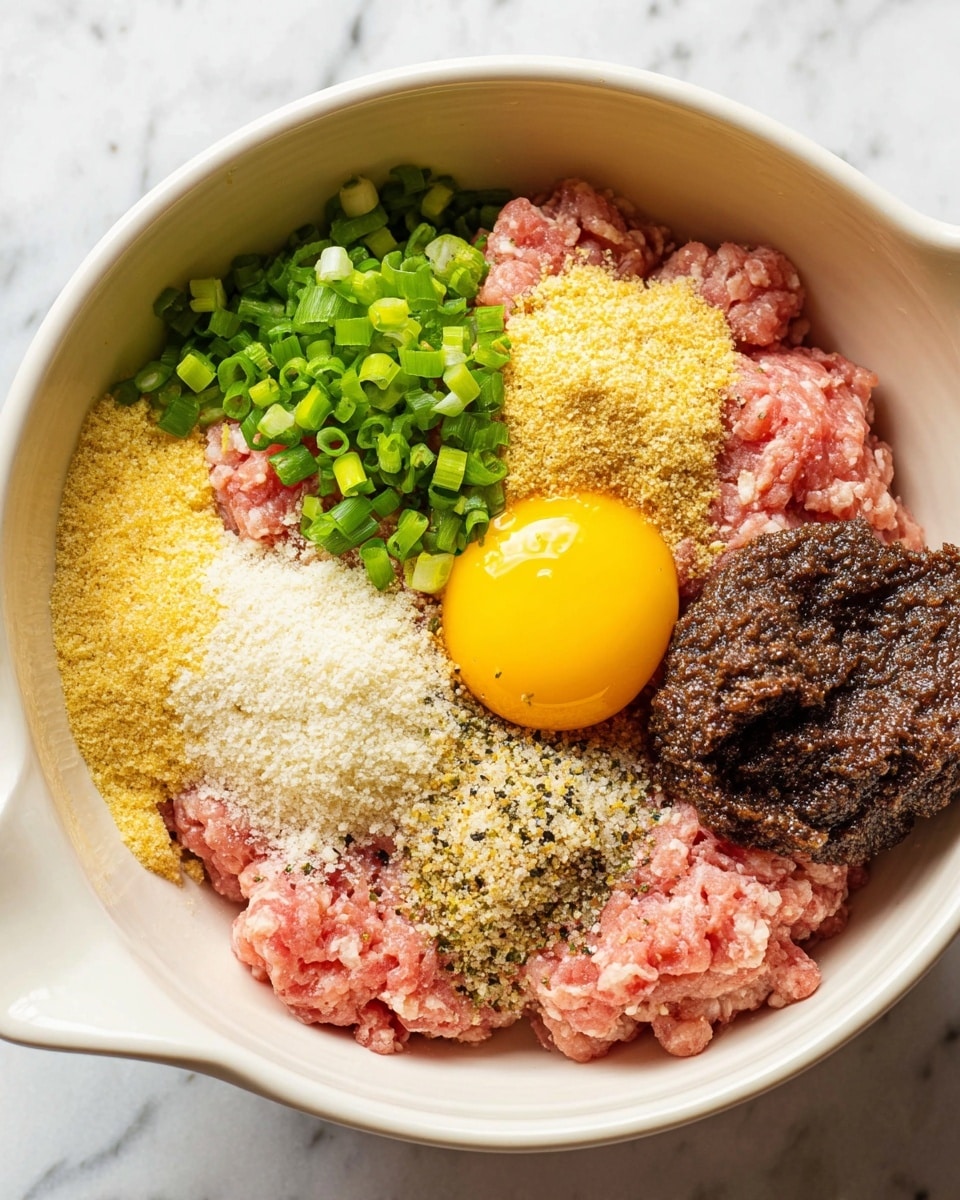In a white bowl with a spout sit several layers of ingredients arranged separately. At the base, there are two types of raw ground meat, one light pink and the other slightly darker pink, both with a soft, moist texture. To the side, a bright yellow egg yolk is whole and shiny. Above the meats are fresh green chopped scallions, bright and crisp. Adjacent to the scallions is a small pile of fine golden breadcrumbs. Next to the breads is a small heap of coarse white salt. Below the salt and scallions is a dollop of minced pale yellow garlic, topped lightly with black pepper. Lastly, a dark brown thick paste with a rough texture rests on one side of the bowl. The bowl is placed on a white marbled surface. Photo taken with an iphone --ar 4:5 --v 7
