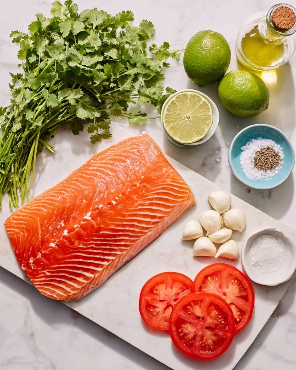 The image shows fresh cooking ingredients laid out on a white marbled surface. On the top left, there is a large raw salmon fillet with a bright orange color and white lines running through it. Below the salmon, there are two halves of a lime and one whole lime with a deep green color. Next to the limes, there is a bunch of fresh green cilantro with leafy stems. In front of the cilantro, several white garlic cloves are placed. On the right side, a cutting board holds four bright red tomato slices, neatly stacked with visible seeds and juicy texture. Near the top right, there are two small white bowls, one with coarse salt and the other with black pepper. A clear glass bottle of olive oil is also visible on the far right. Photo taken with an iphone --ar 4:5 --v 7