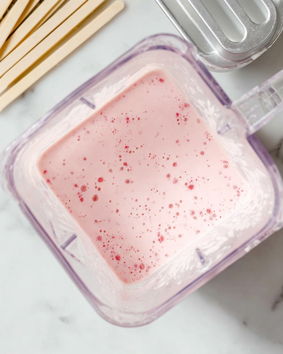 This image shows a clear blender container filled with a light pink creamy mixture with tiny specks of red and small bubbles on the surface. The blender sits on a white marbled surface. Above the blender, there is a silver ice pop mold and some light wooden sticks are placed to the left side. The overall scene is bright with a clean and fresh look. photo taken with an iphone --ar 4:5 --v 7