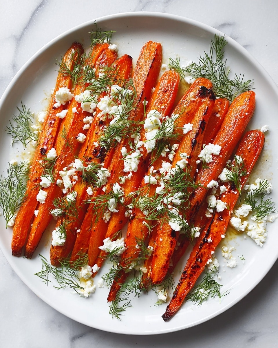 A white round plate holds one layer of long, roasted carrot pieces arranged side by side. The carrots are bright orange with some charred spots and have a smooth, cooked texture. On top of the carrots, there are small white crumbles of cheese scattered all over, adding a soft, crumbly texture. Sprigs of fresh green dill are spread evenly across the dish, adding a touch of green color and a delicate, feathery texture. The plate is set on a surface with a white marbled texture. photo taken with an iphone --ar 4:5 --v 7