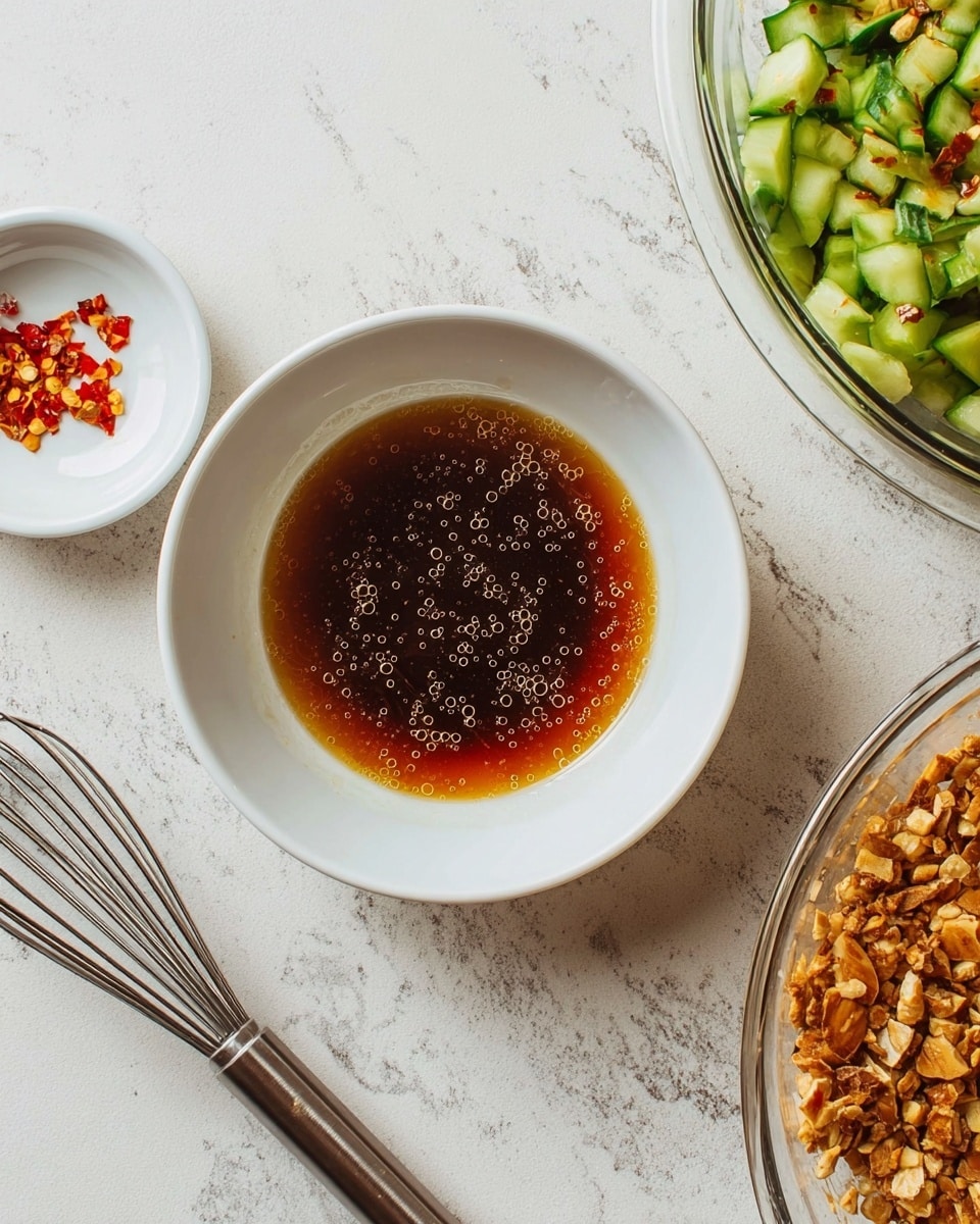 The image shows a white bowl with a shallow pool of dark brown liquid with small oil bubbles on the surface, placed on a white marbled texture. To the left, there is a smaller white dish with a few scattered red chili flakes. On the right side, there is a glass bowl filled with a mixture of round green cucumber slices and a crunchy mixture that looks like chopped nuts or crispy toppings. A silver metal whisk lies on the surface near the bowls. Photo taken with an iphone --ar 4:5 --v 7