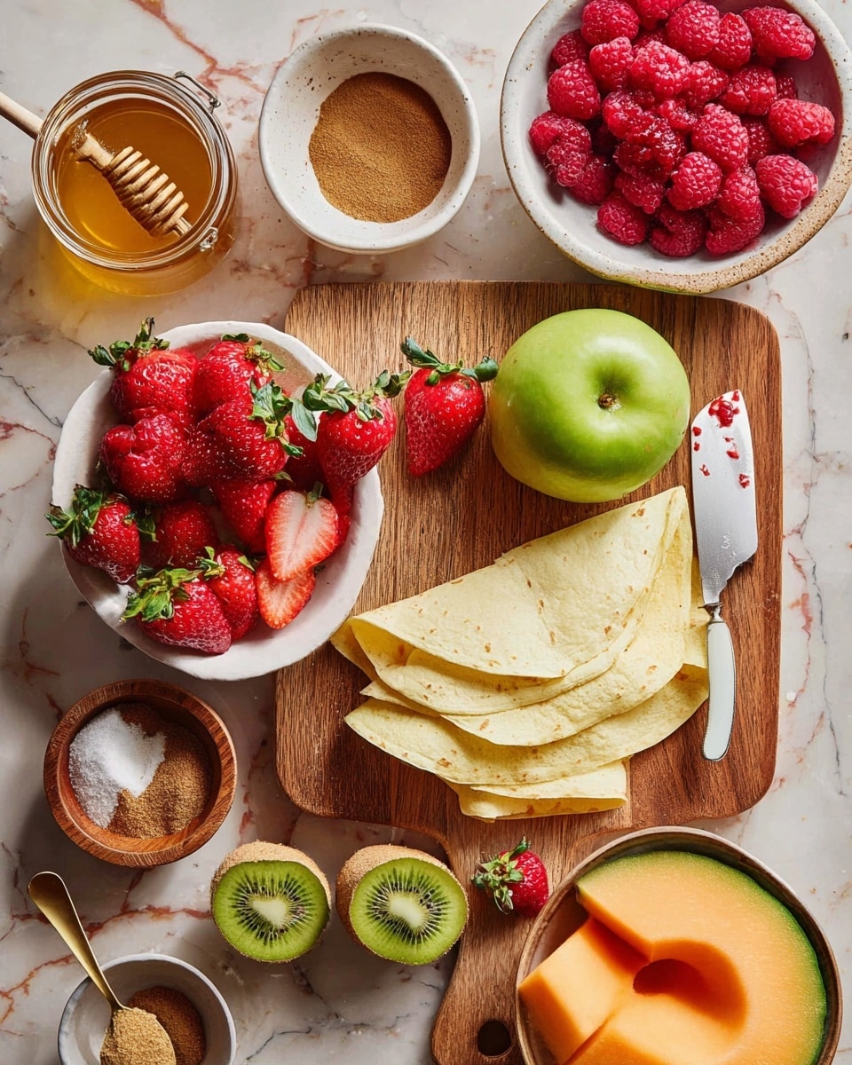 A wooden cutting board sits on a white marbled surface with several layers of light yellow tortilla wedges spread on the right side. In the center, a whole green apple and a halved bright red strawberry with small red pieces rest next to a white-handled knife. To the left, a white bowl is filled with bright red strawberries with green stems, and above it is a glass jar of golden honey with a wooden honey dipper inside. A white bowl on the top right holds plump, red raspberries. Below on the marbled surface are halved brown kiwi fruits in a wooden bowl, small bowls of brown sugar and cinnamon powder with a small gold spoon, and three pieces of cantaloupe with orange flesh and seeds visible. photo taken with an iphone --ar 4:5 --v 7