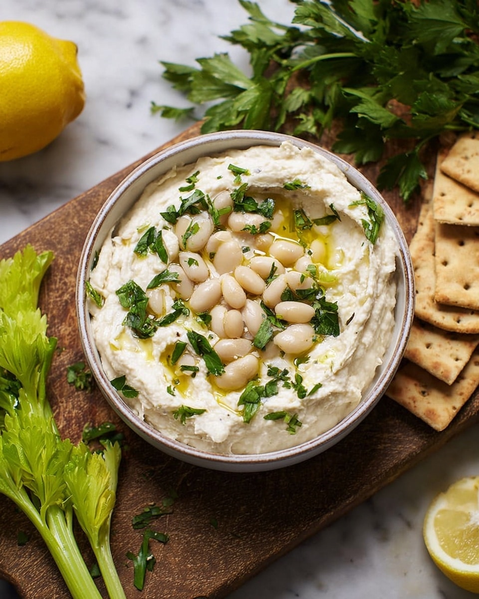 A white bowl filled with creamy white bean dip that has a smooth, slightly chunky texture. The dip is topped with whole white beans, chopped green herbs, and drizzles of golden olive oil. The bowl sits on a brown wooden board, and there is a whole yellow lemon, some crackers, green leafy parsley, and celery on a white marbled surface nearby. The scene looks fresh and inviting, showing a mix of smooth, soft, and fresh textures. photo taken with an iphone --ar 4:5 --v 7