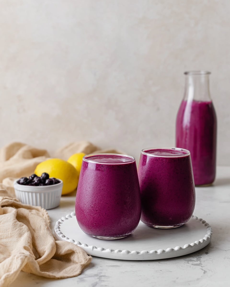 Two short, clear glasses filled with thick, smooth purple smoothie sit side by side on a round white plate with a scalloped edge. The vibrant purple color of the smoothie is deep and rich, with a slightly glossy surface that rises just above the rim of each glass. In the background, a tall glass bottle is also filled with the same purple smoothie and is placed next to a bright yellow lemon. A beige cloth is casually placed on the left side, and a small white ramekin containing dark berries is visible in the lower left corner. The entire setup rests on a white marbled surface with a soft, neutral-colored wall behind it. photo taken with an iphone --ar 4:5 --v 7