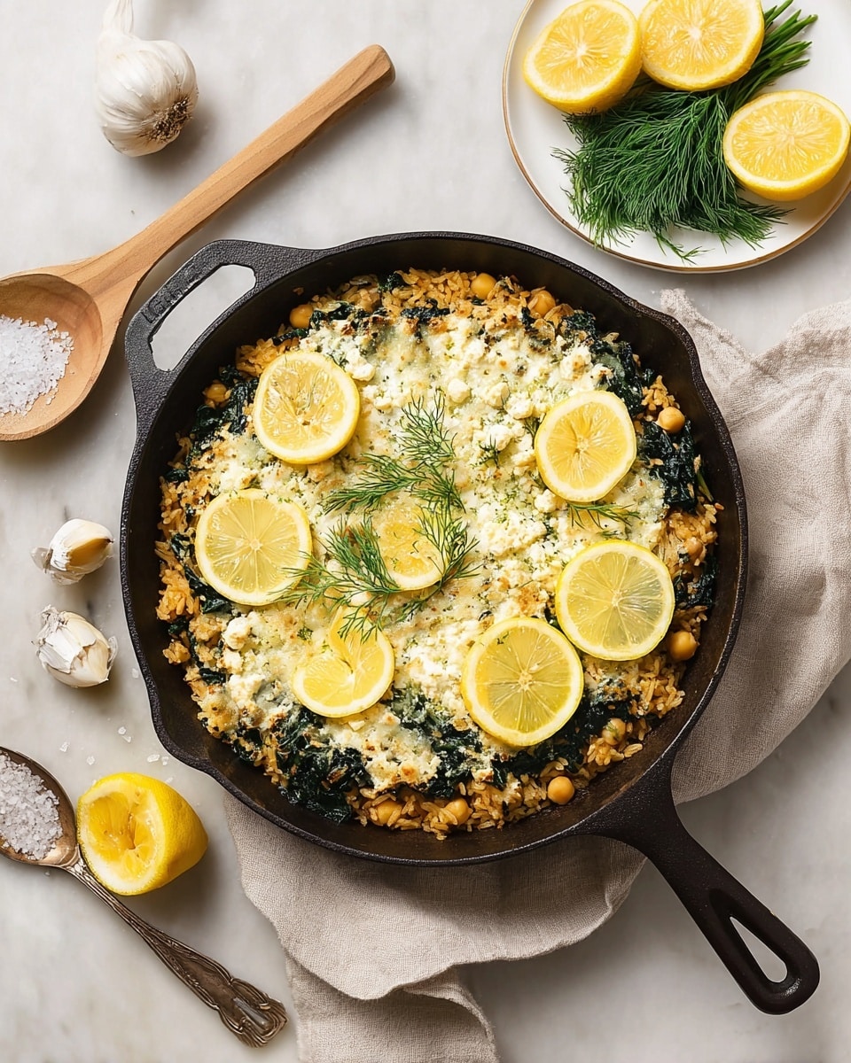 The image shows a cast iron skillet filled with a baked dish that has a base layer of golden-brown rice mixed with chickpeas and wilted dark green spinach. On top, there is a layer of melted light yellow and white cheese with crumbles that add texture. Four slices of bright yellow lemon are arranged in the center, topped with fresh green dill sprigs. The skillet rests on a light beige cloth napkin over a white marbled surface. Around the skillet, there is a small white plate with fresh green dill, lemon wedges, a whole bulb of garlic, a wooden spoon holding coarse salt, and a silver spoon with an antique look. Photo taken with an iphone --ar 4:5 --v 7