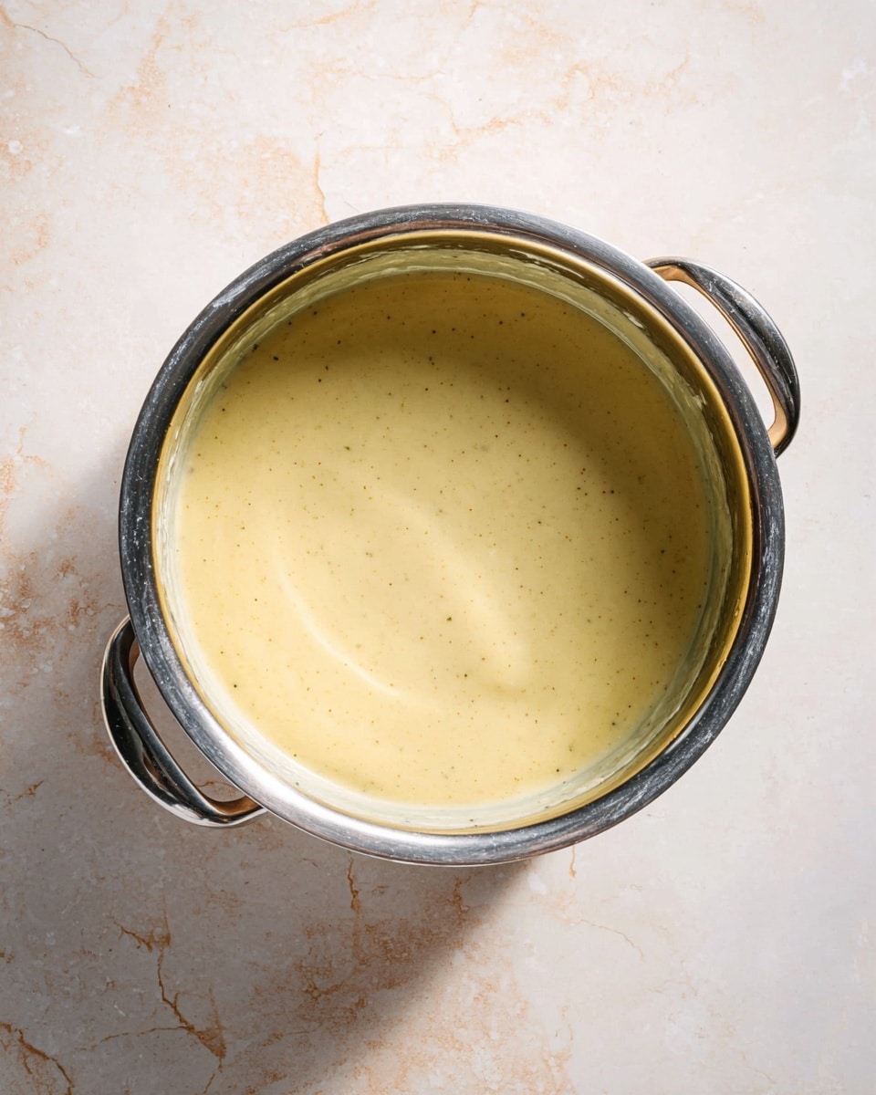 A shiny silver pot with two handles holds a smooth, thick, pale yellow sauce with tiny specks visible in it. The sauce fills about half the pot, showing a creamy texture. The pot is placed on a white marbled surface with soft shadows around it. Photo taken with an iphone --ar 4:5 --v 7