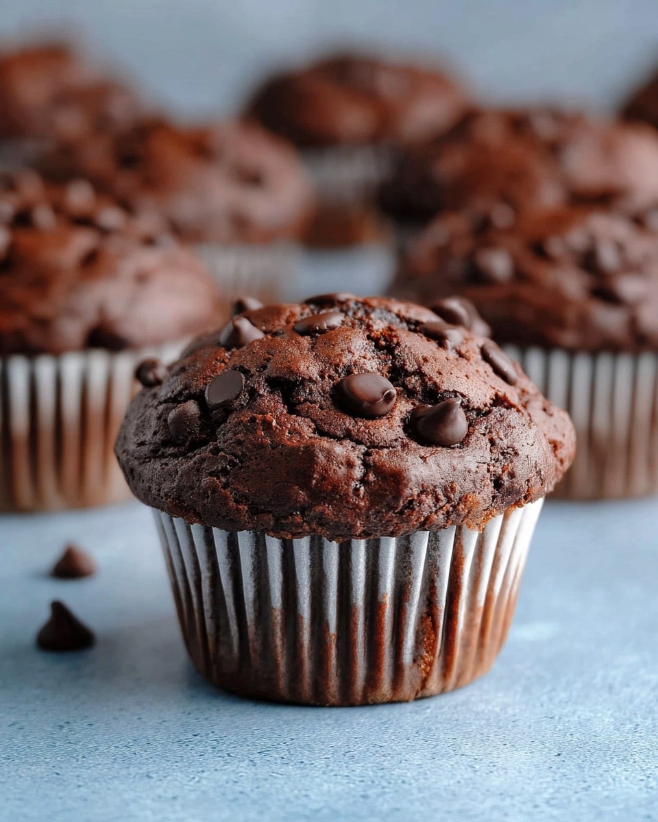 A close-up view of a rich chocolate muffin with a bumpy, dark brown top loaded with shiny chocolate chips scattered unevenly. The muffin sits in a white paper liner with vertical ribbed texture, showing a moist and dense body beneath the top. In the blurred background, several more chocolate muffins in similar liners form a soft pattern on a light blue textured surface. photo taken with an iphone --ar 4:5 --v 7
