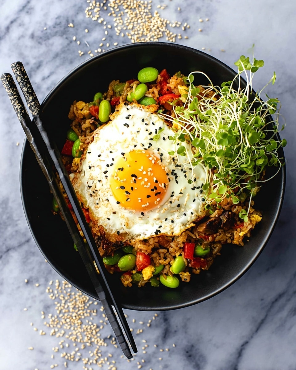 A black bowl filled with a colorful mix of fried rice layered with bright green edamame beans, small bits of red bell pepper, scrambled egg pieces, and mushrooms. On top, a sunny-side-up egg with a bright yellow yolk sprinkled with white sesame seeds and black pepper rests at the center. On the side, fresh green sprouts add a vibrant touch. Black chopsticks lay on the edge of the bowl, which sits on a white marbled surface with scattered sesame seeds around. Photo taken with an iphone --ar 4:5 --v 7