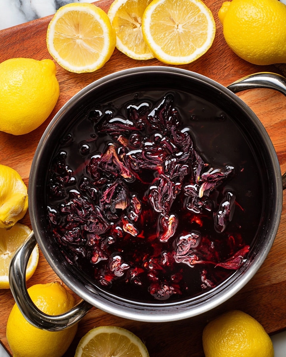 A black pot is filled with dark red liquid that has floating dried hibiscus flowers, which have a crinkled texture and deep burgundy color with hints of lighter red petals. The pot has two metal handles on the side. Surrounding the pot are several bright yellow lemon halves and whole lemons, all placed on a wooden surface. The lemon halves show a wet, juicy interior with some pulp leftover. The scene is viewed from above on a white marbled texture. photo taken with an iphone --ar 4:5 --v 7
